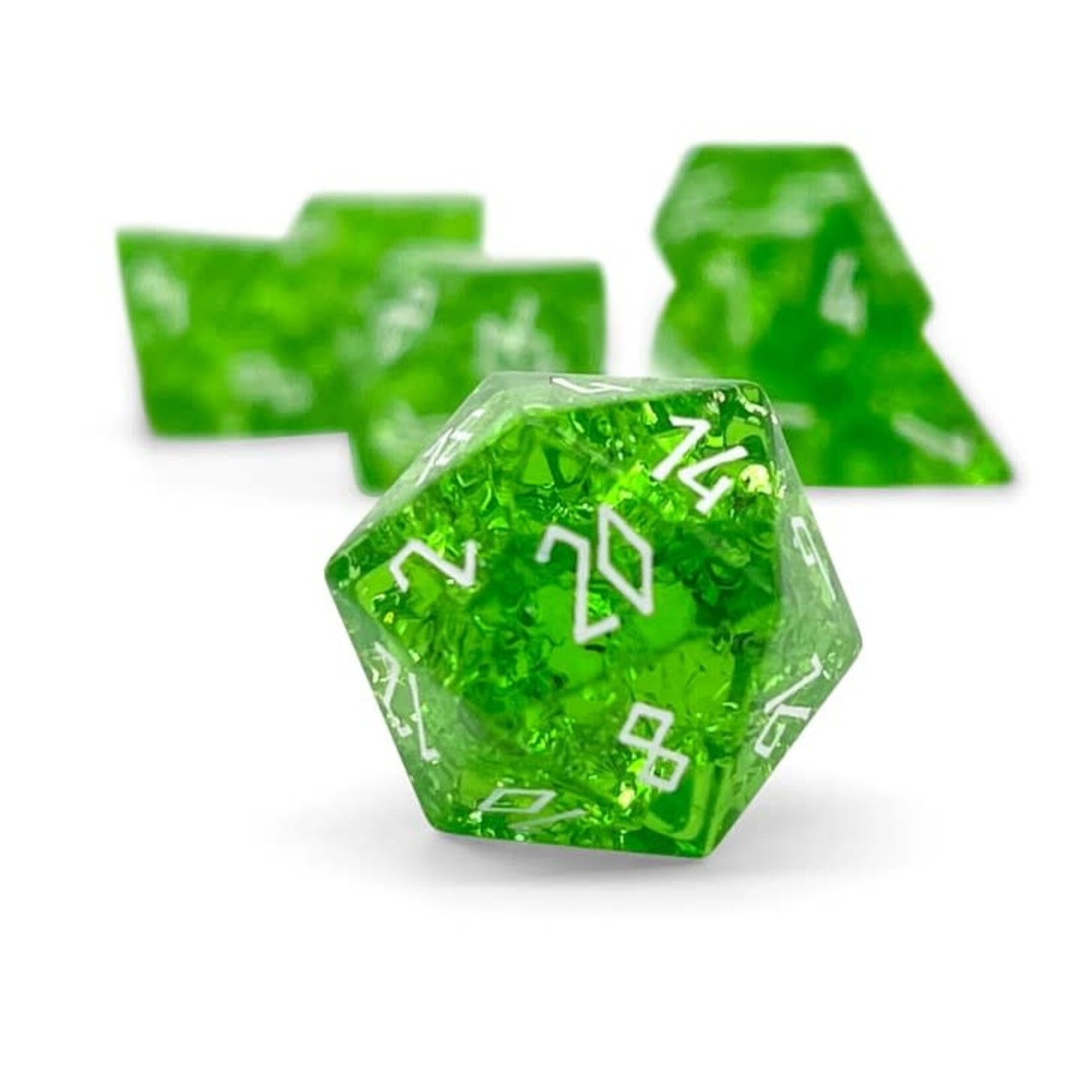 Norse Foundry Shattered Zircon Emerald with White Font 7 Piece RPG Set Zircon Glass Dice