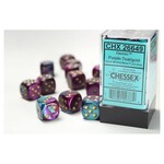Chessex Cube of 12 D6 Dice Gemini Purple-Teal with gold pips