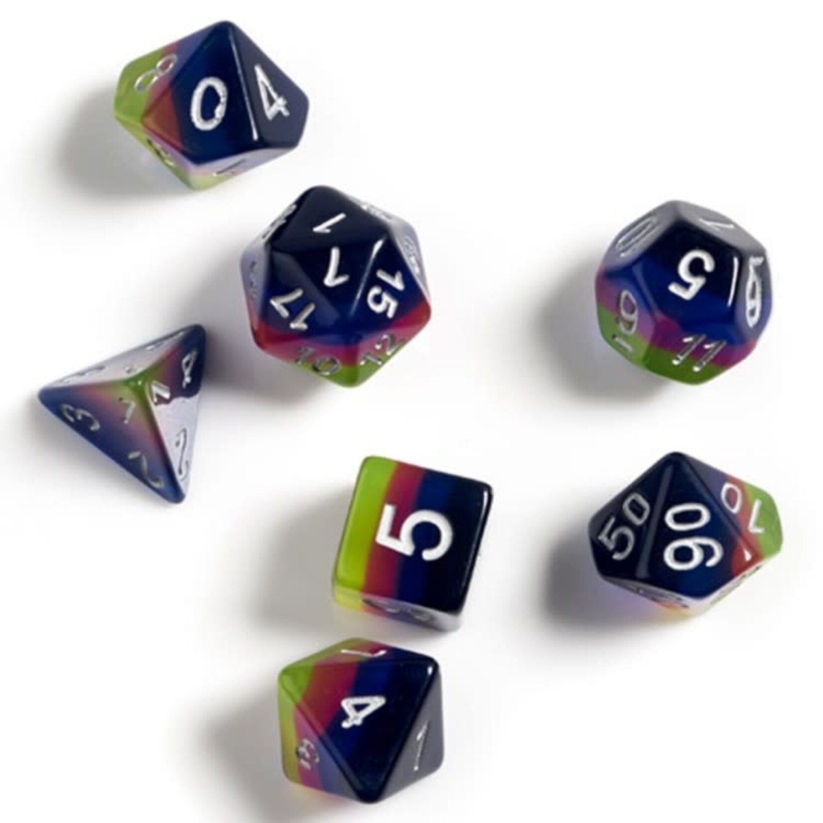 Sirius Dice 7-Set Semi-Transparent Resin Dice: Pink, Green, & Blue with white