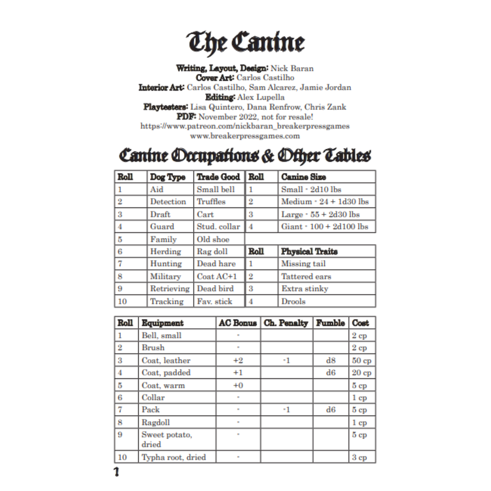 Breaker Press Games The Canine 2.0 Character Class (DCC RPG Compatible)