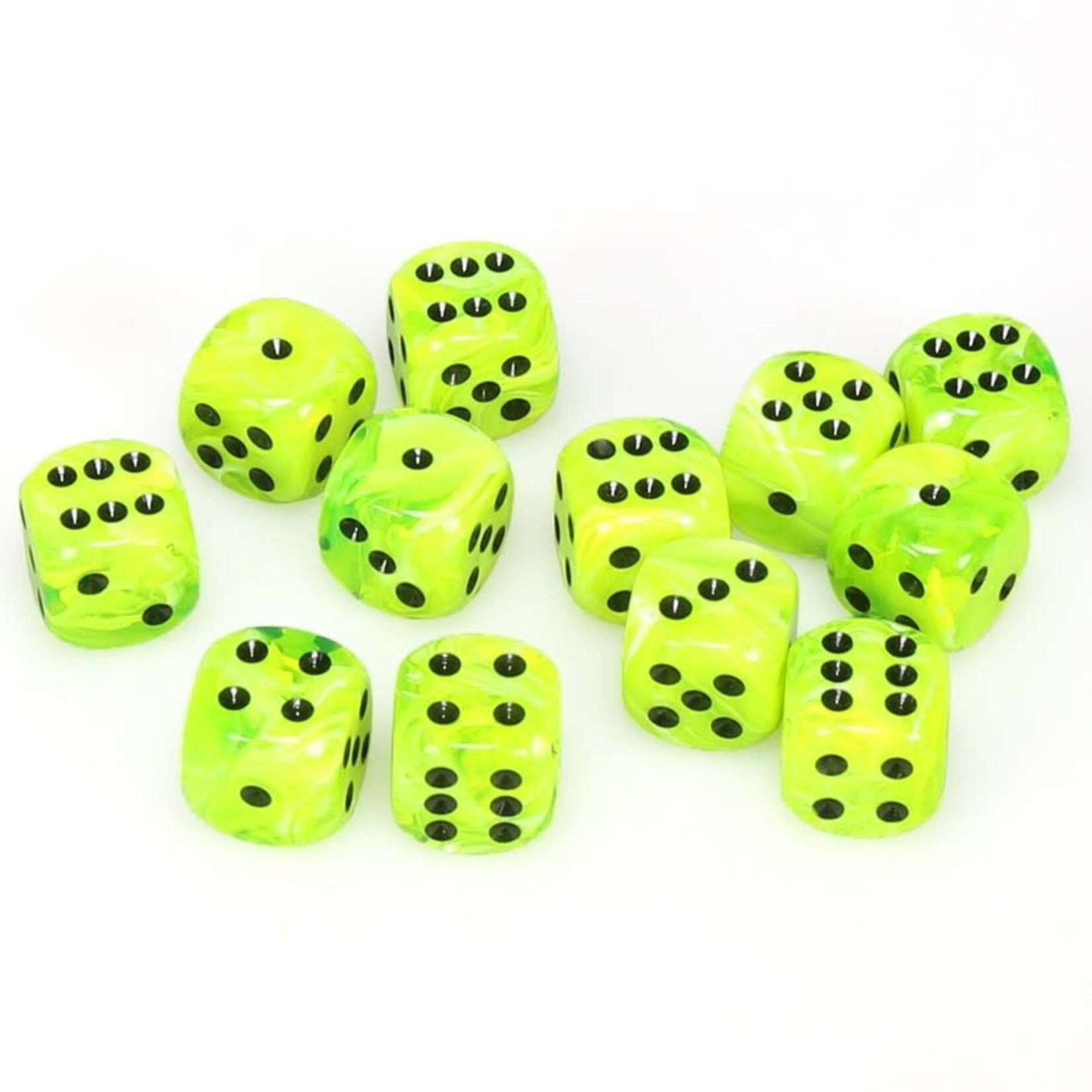 Chessex Cube of 12 D6 Dice Vortex Bright Green with black pips