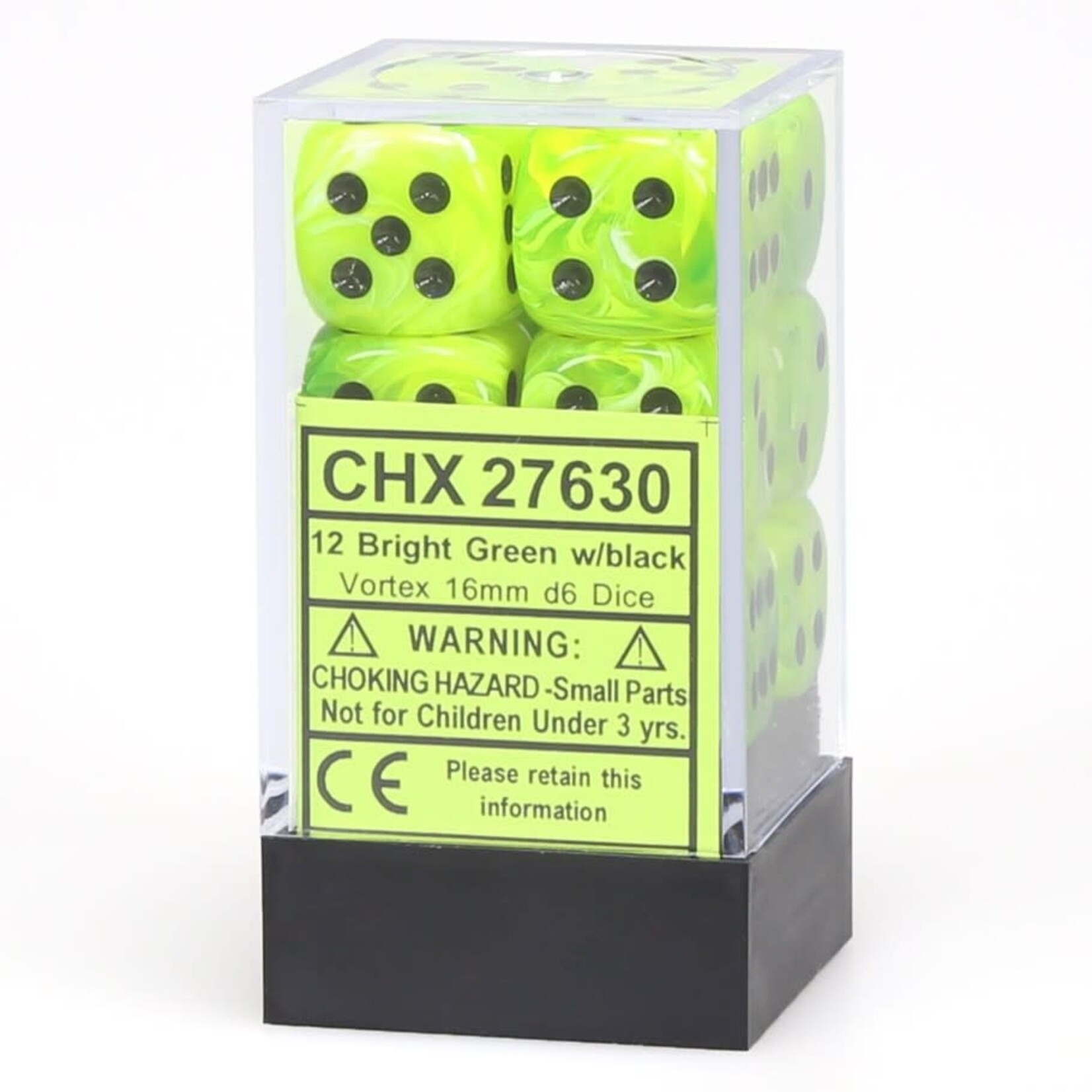 Chessex Cube of 12 D6 Dice Vortex Bright Green with black pips