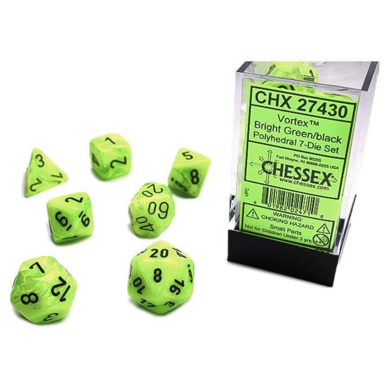 Chessex Polyhedral 7-Die Set: Vortex Bright Green with black