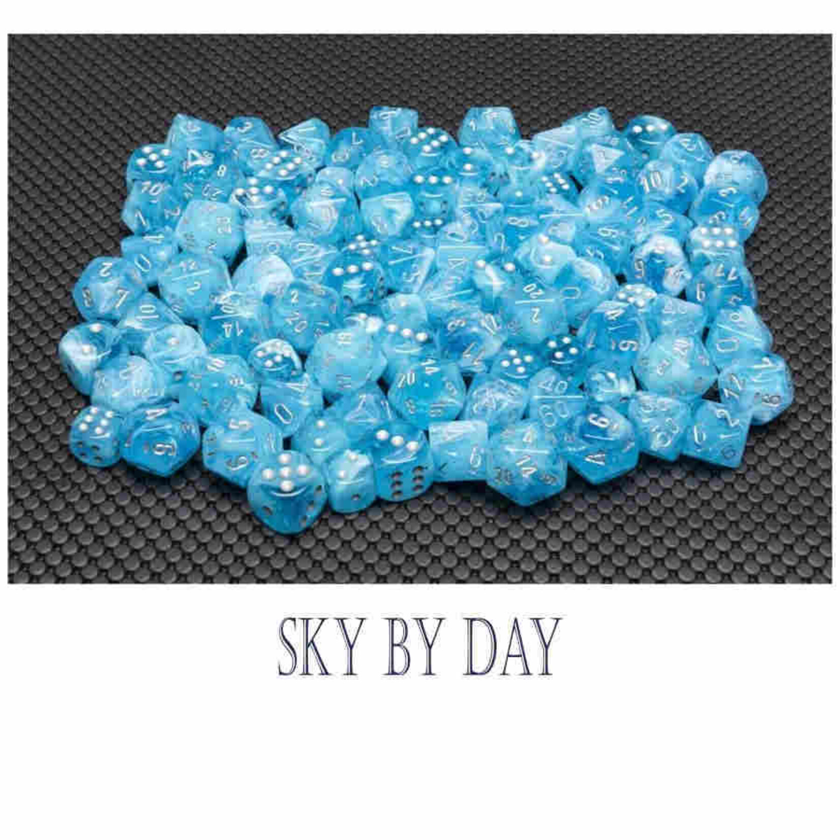 Chessex Cube of 12 D6 Dice Luminary Sky with silver pips