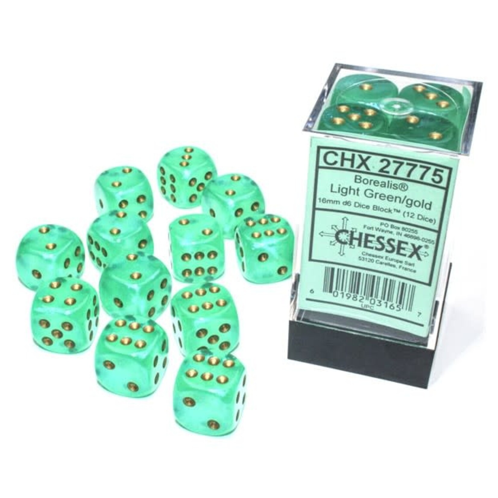 Chessex Cube of 12 D6 Dice Borealis Light Green with gold pips