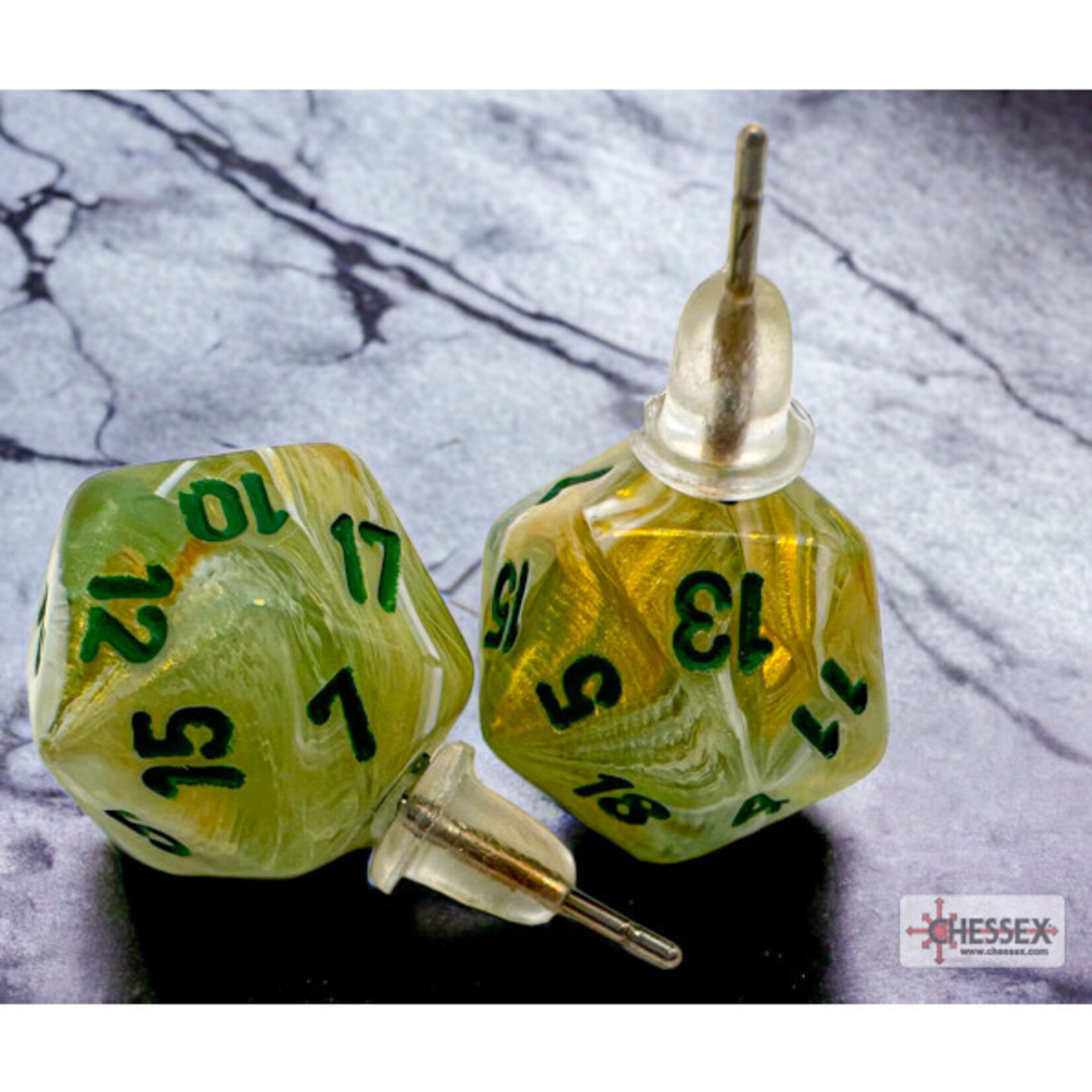 Chessex Mini D20 Stud Earrings: Marble Green