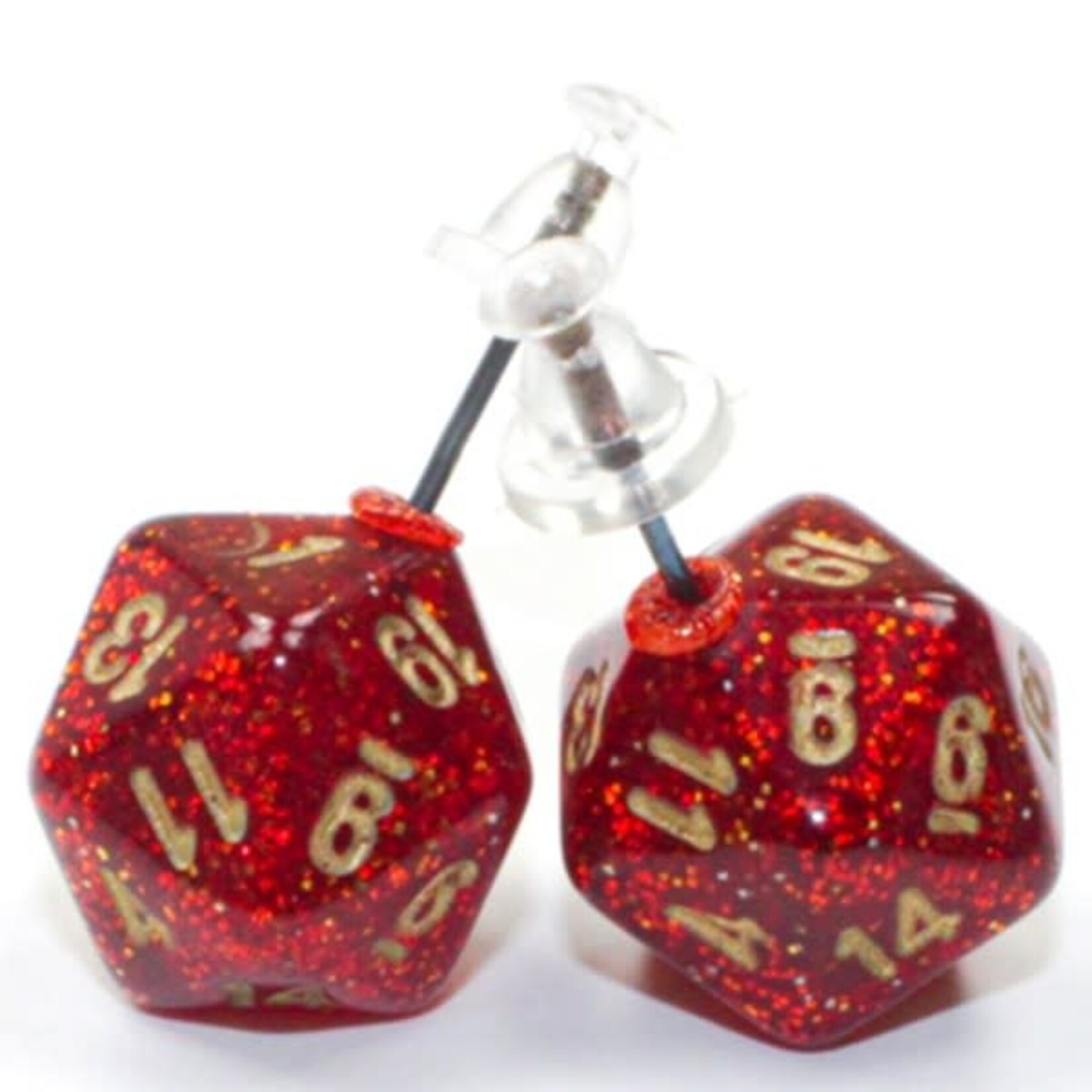Chessex Mini D20 Stud Earrings: Glitter Ruby with gold