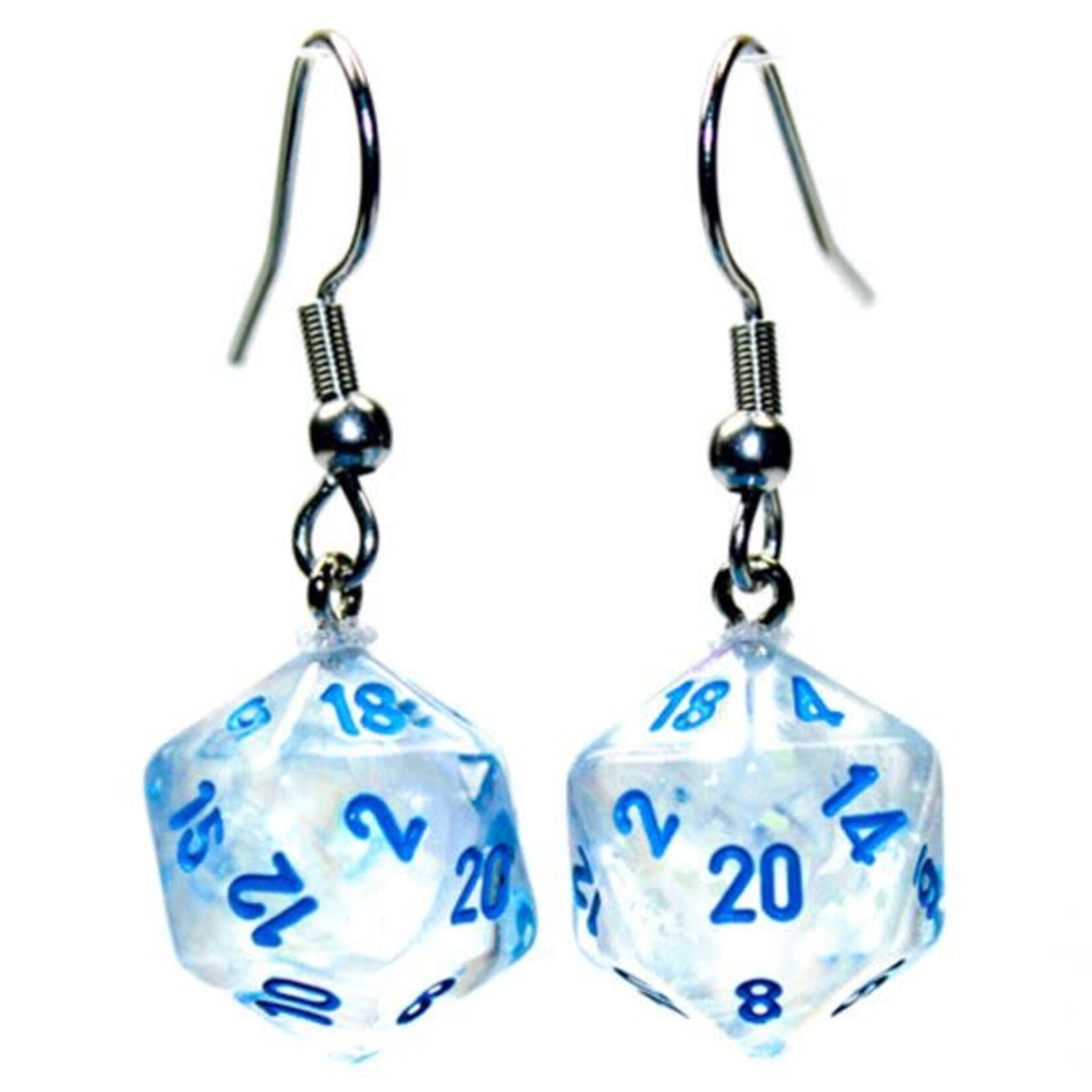 Chessex Mini Dice Hook Earrings: Borealis Icicle/light blue