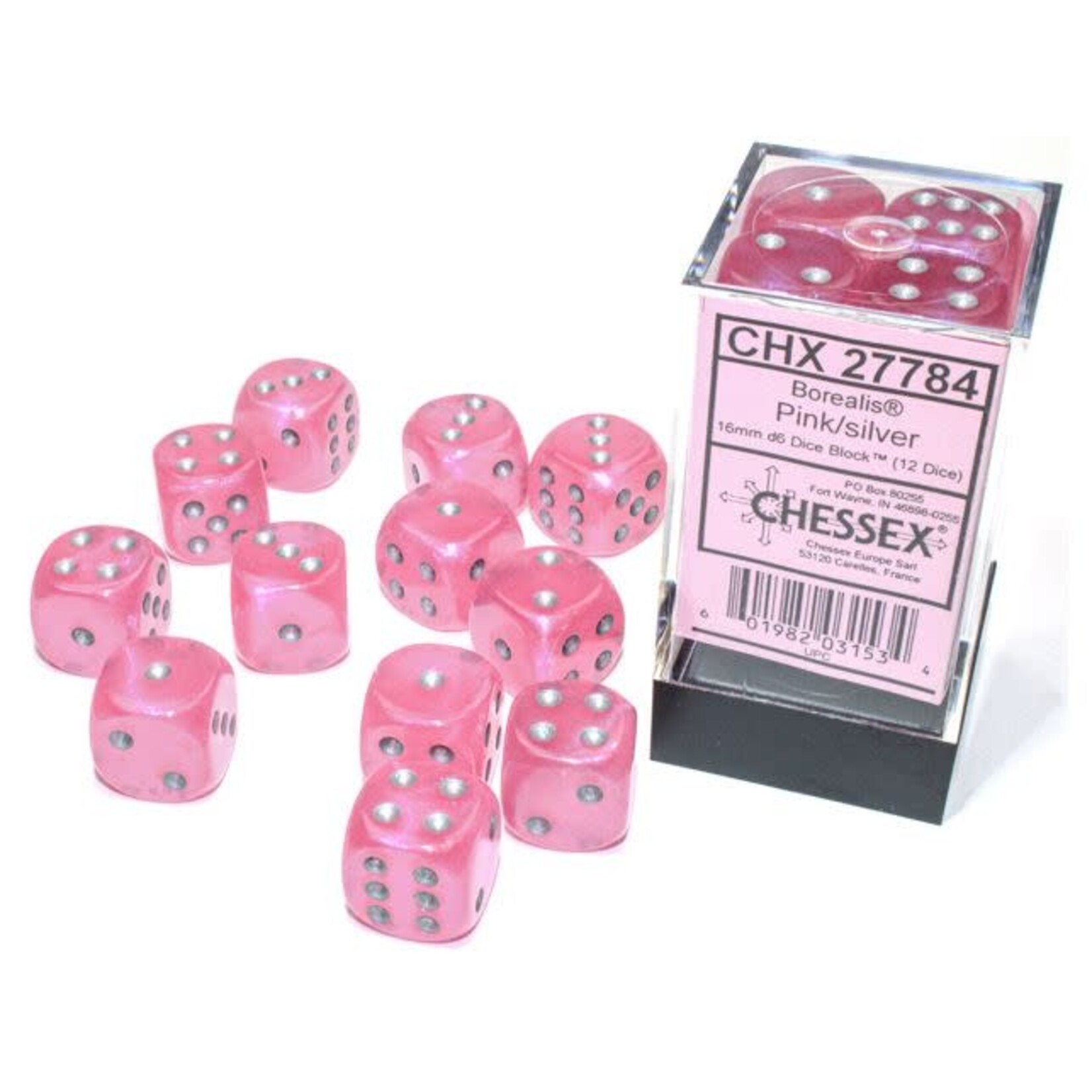 Chessex Cube of 12 D6 Dice Borealis Pink with silver pips