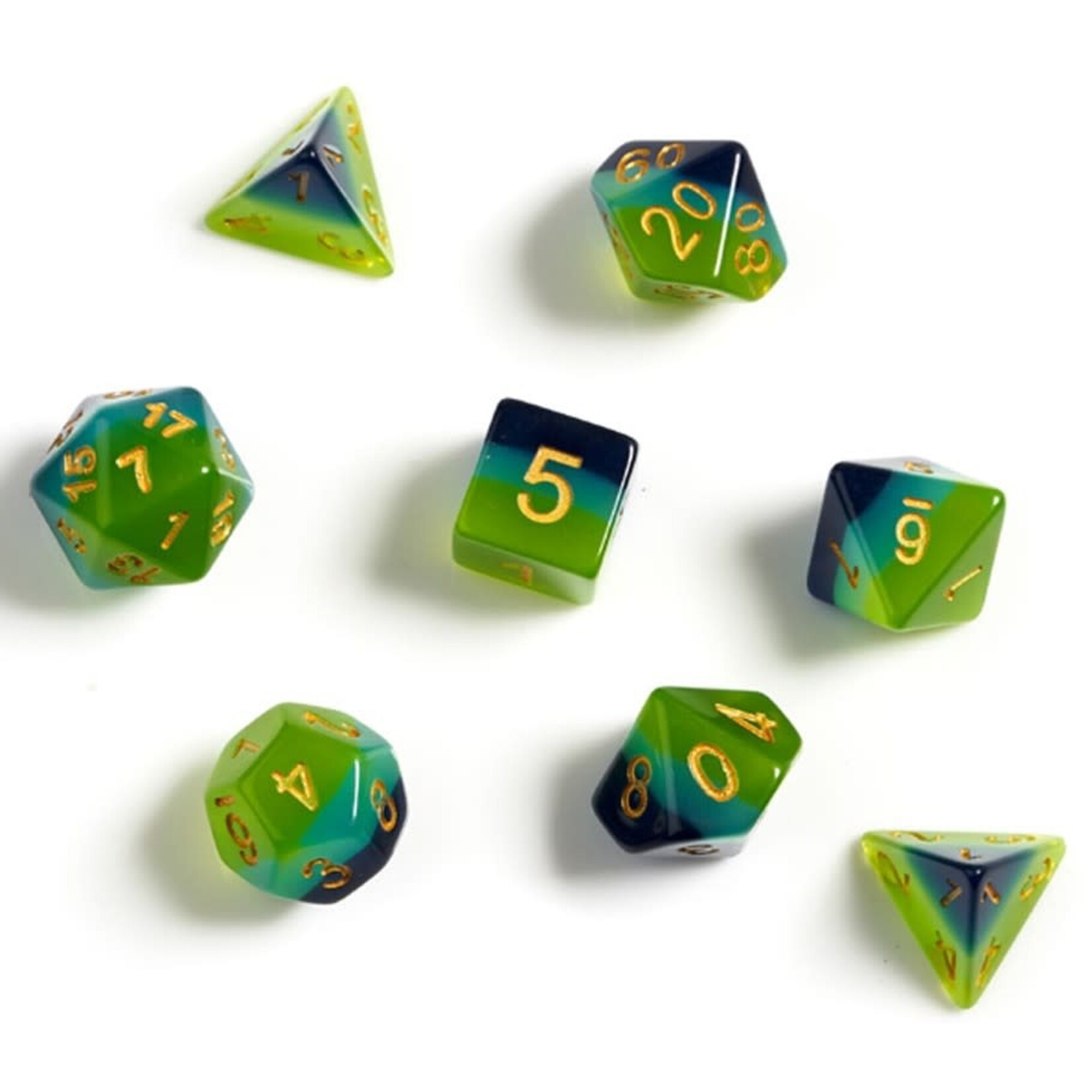 Sirius Dice 7-Die Set: Semi-Transparent Resin Green & Blue with gold
