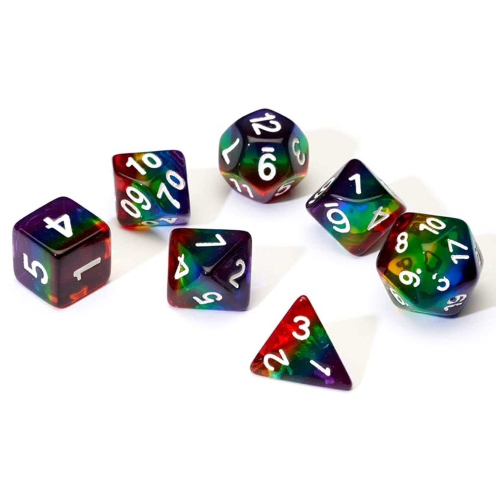 Sirius Dice 7-Die Set: Transparent Resin Rainbow with white