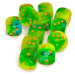 Chessex Cube of 12 D6 Dice Gemini Plasma Green-Teal with orange pips