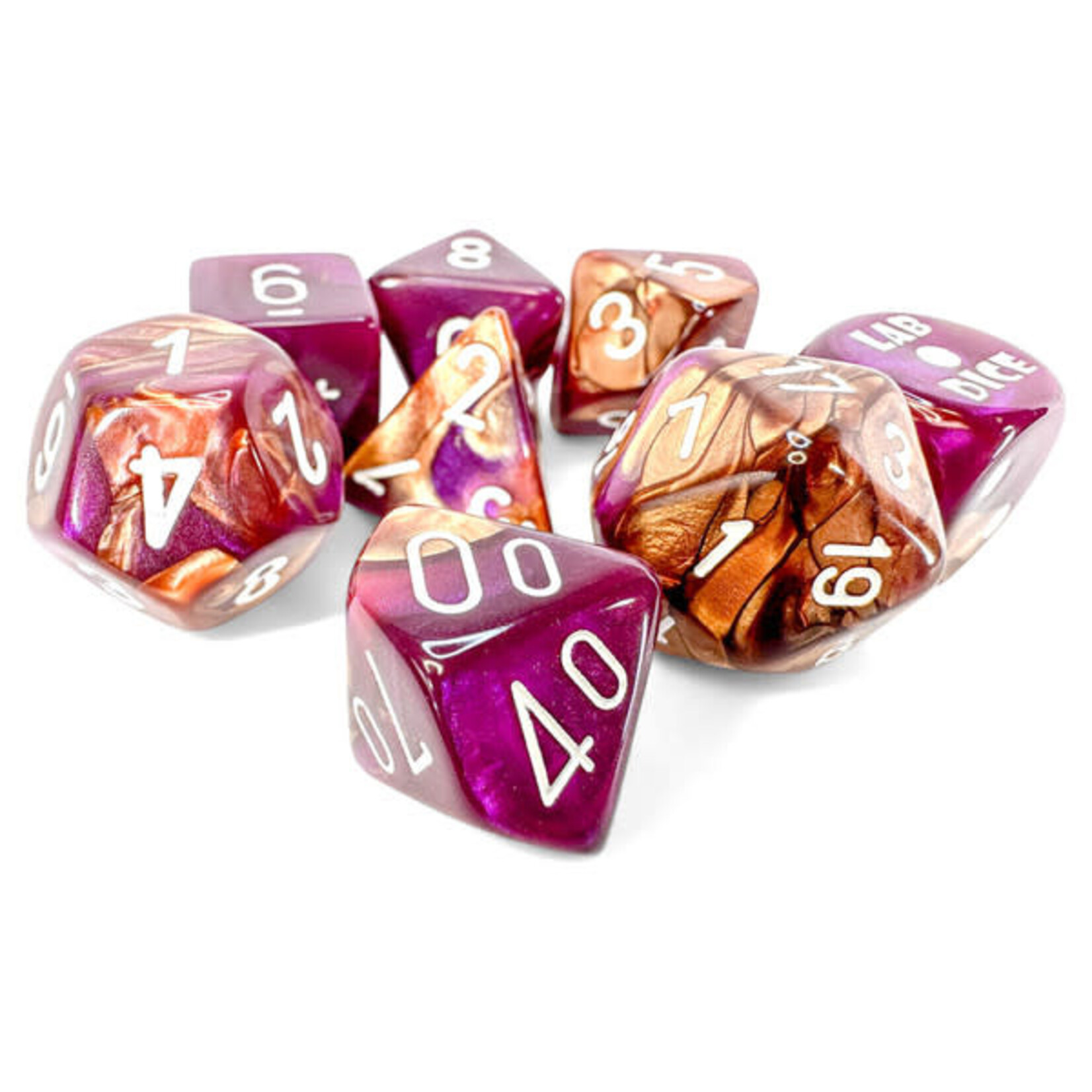 Chessex Lab Dice: Gemini Copper-Purple with White Polyhedral 7-Die Set