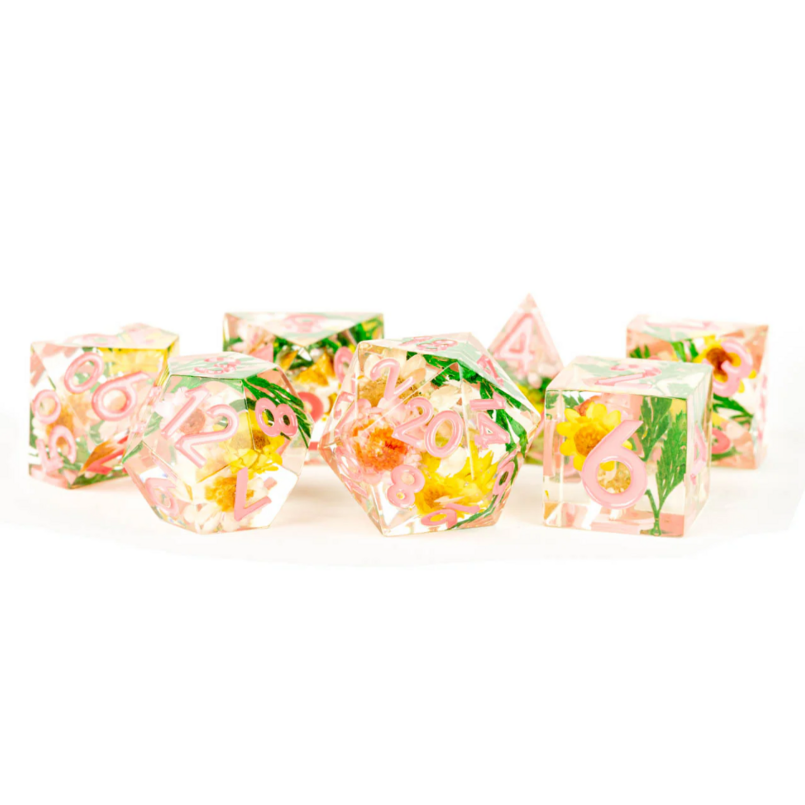 FanRoll by Metallic Dice Games Sharp Edge Resin Dice Set: Chrysanthemum w/Pink Numbers