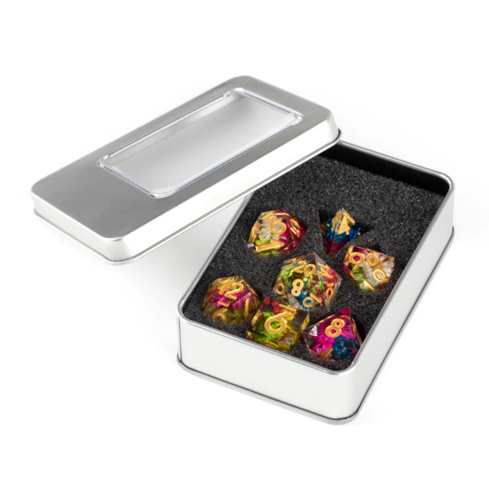 FanRoll by Metallic Dice Games Sharp Edge Resin Dice Set: Chrysanthemum w/Pink Numbers
