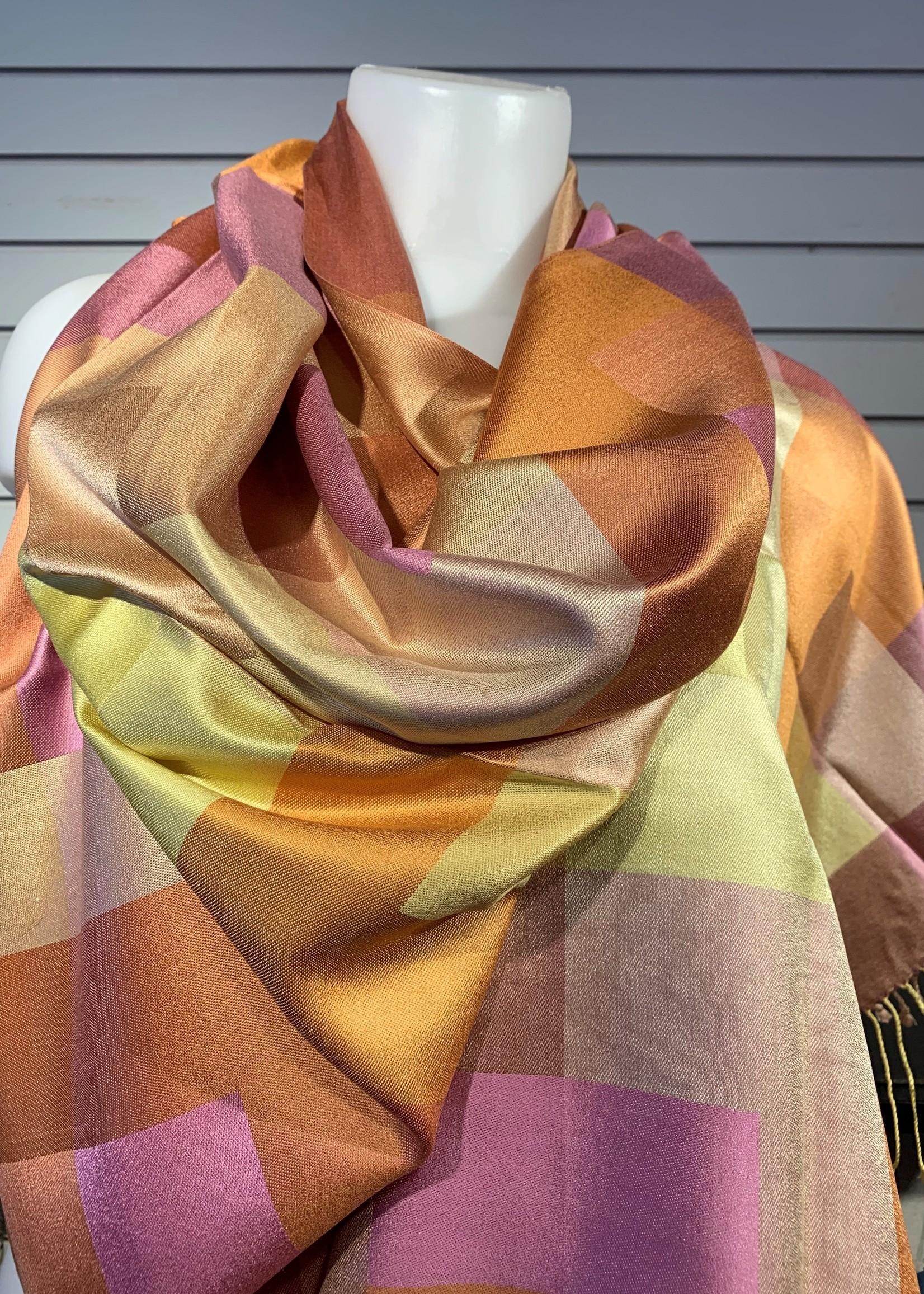 Mode Sabi Check Silk Scarf * 28x84 * Tangerine