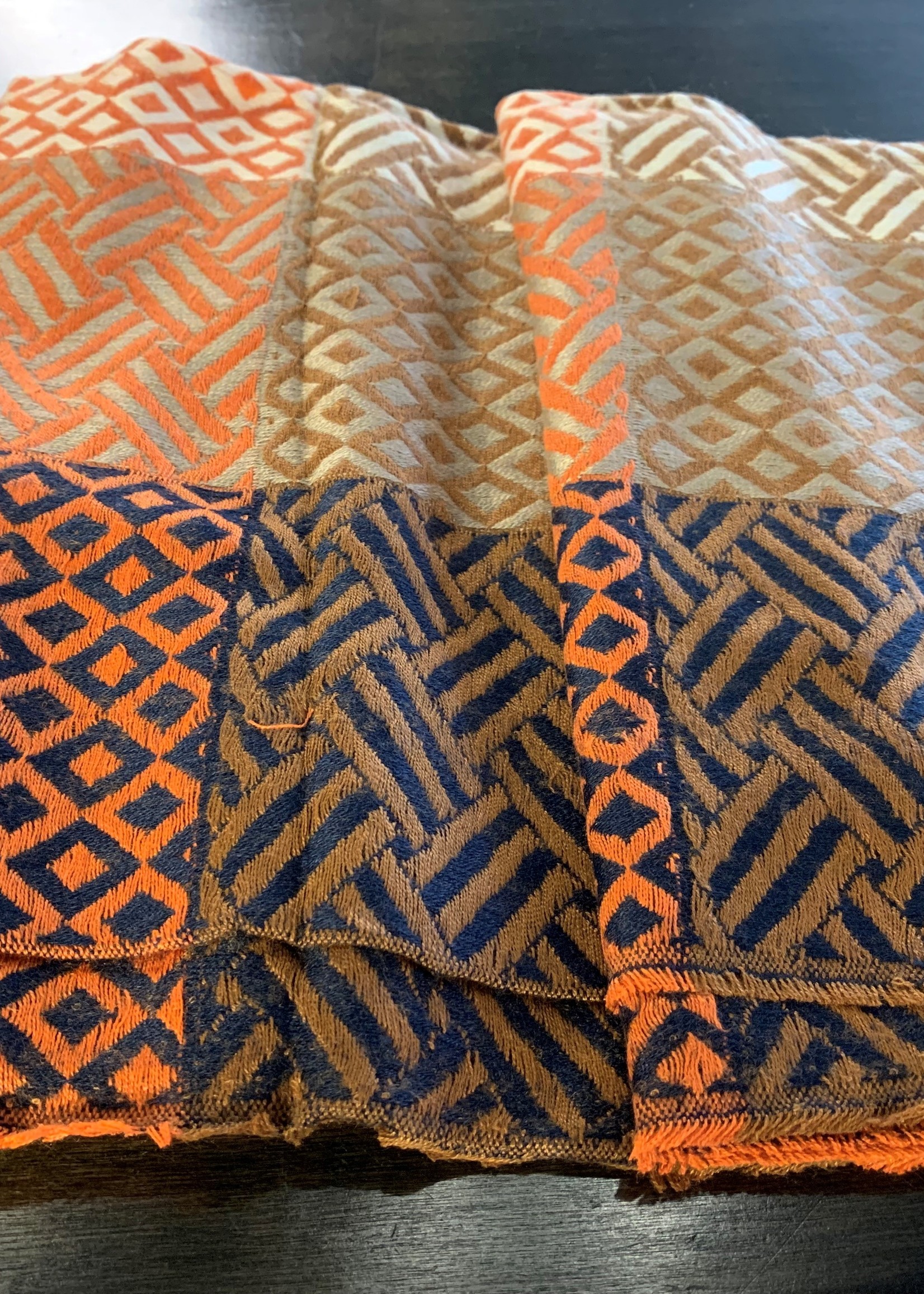 Long Plaid Scarf * 50%Cashmere&50%Viscose * Orange, Navy & Taupe