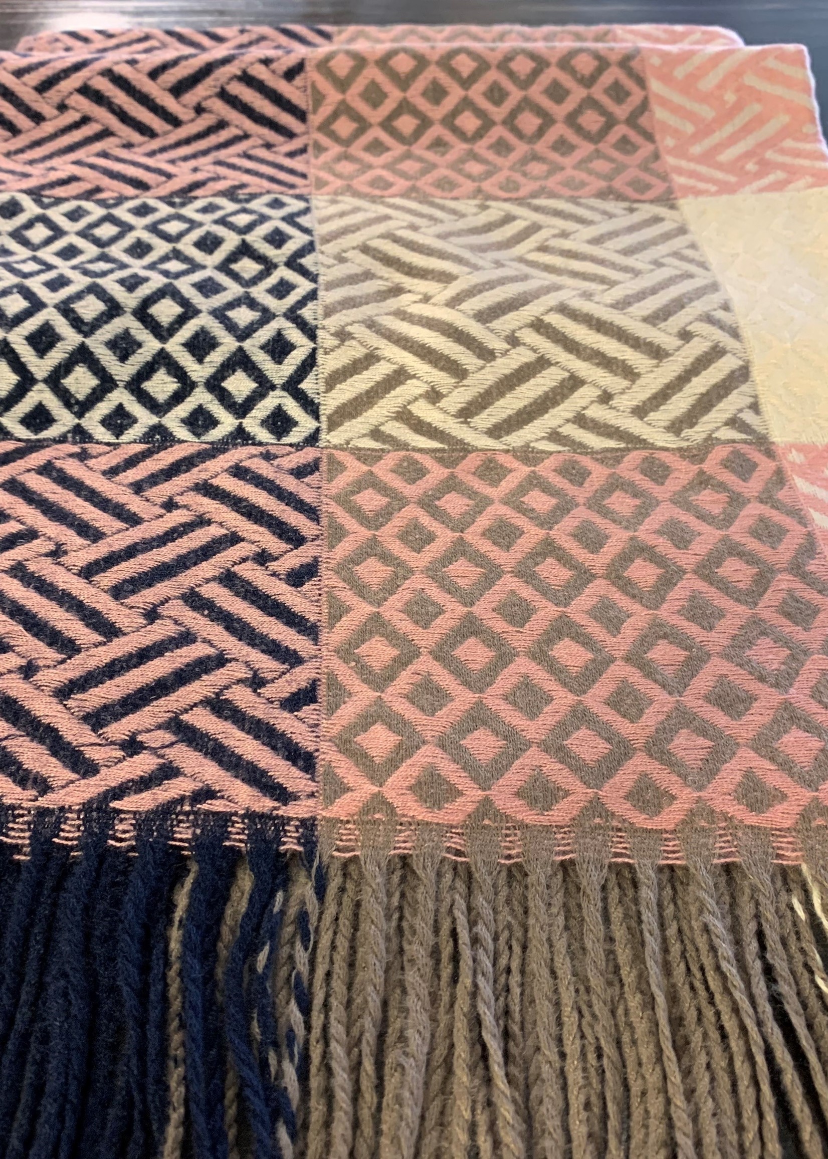 Mode Sabi Long Plaid Scarf * 50%Cashmere50%Viscose * Pink, Navy, Cream & Taupe