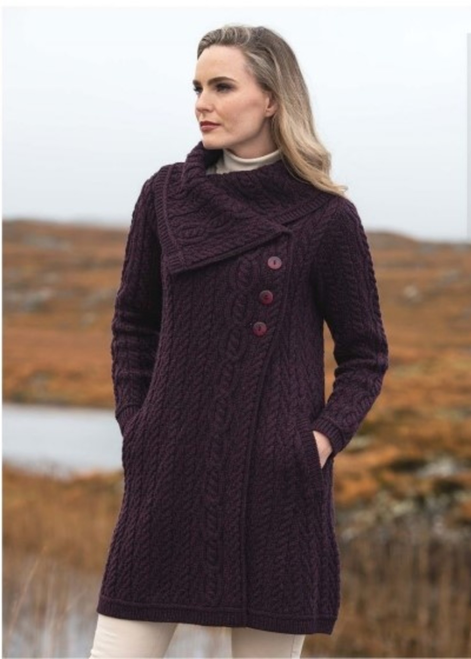 British & Irish Imports The Burren Collar Button Coat * Damson * Small