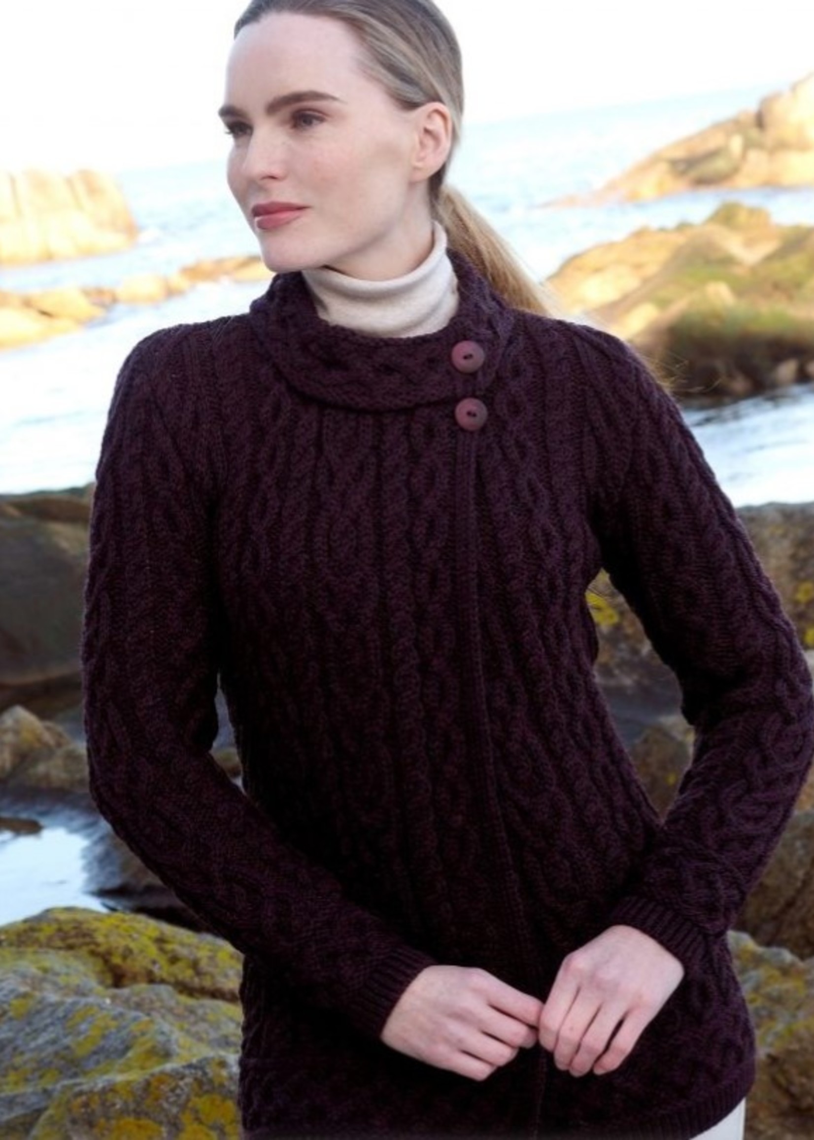 British & Irish Imports Meath Side Button Cardigan * Damson