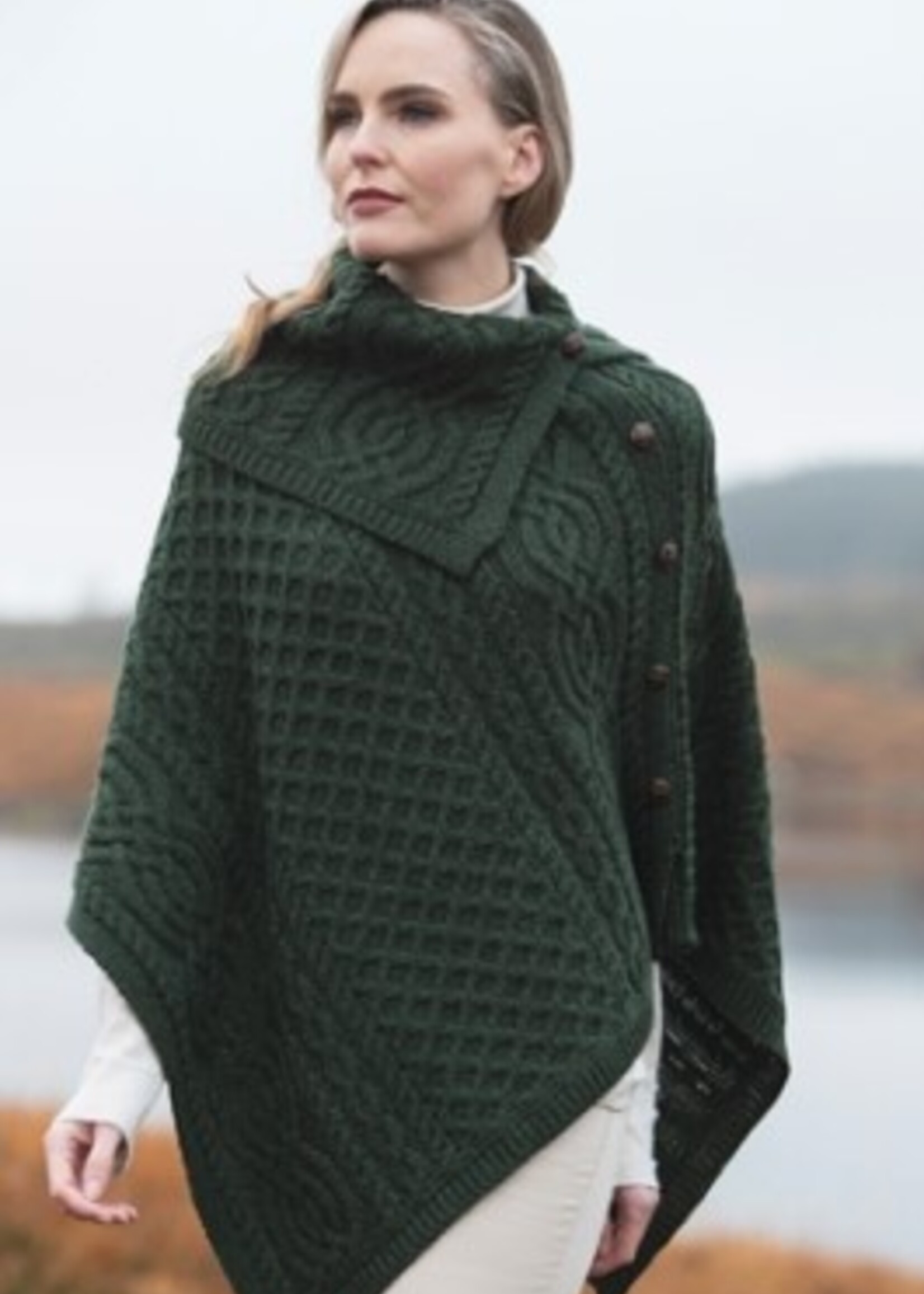 British & Irish Imports Tipperary Cowl Neck Button Poncho CW4784 * Green * M/L