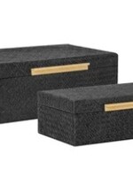 Pandan Black Leather Herringbone Boxes * Set/2 * 13"x8.5x5" & 11.75"x6.75"x5"