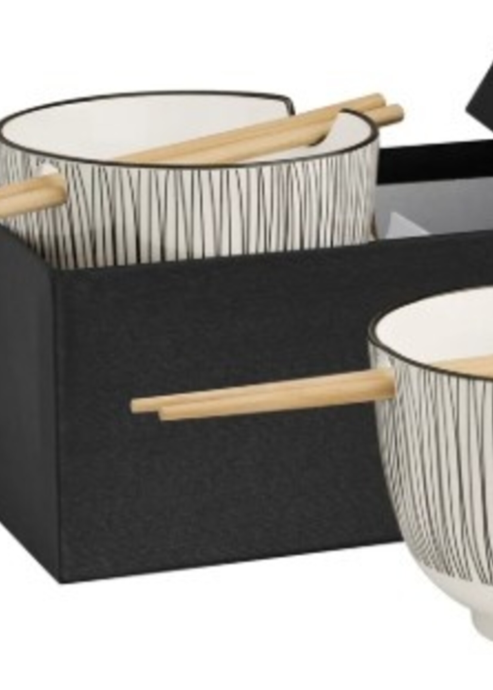 Kiri Porcelain Set of 2 Noodle Bowls  w/Chopsticks * Black Line * 5"