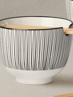 Torre & Tagus Kiri Porcelain Set of 2 Noodle Bowls  w/Chopsticks * Black Line * 5"