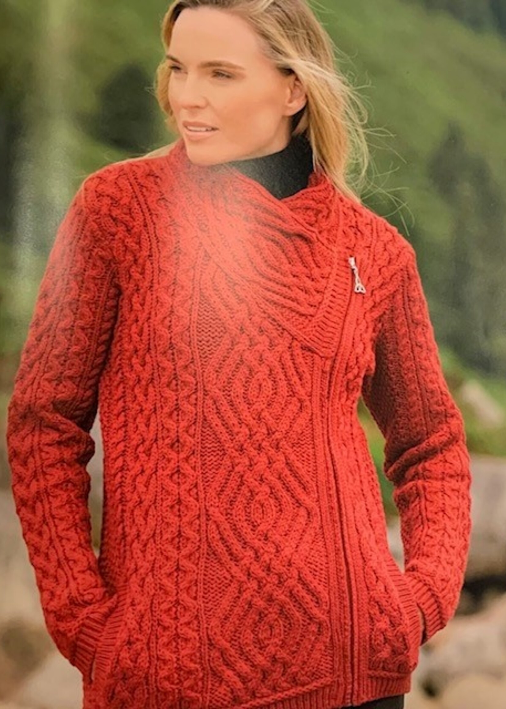 British & Irish Imports Shannon Short Side Zippered Cardigan * Cherry * Large