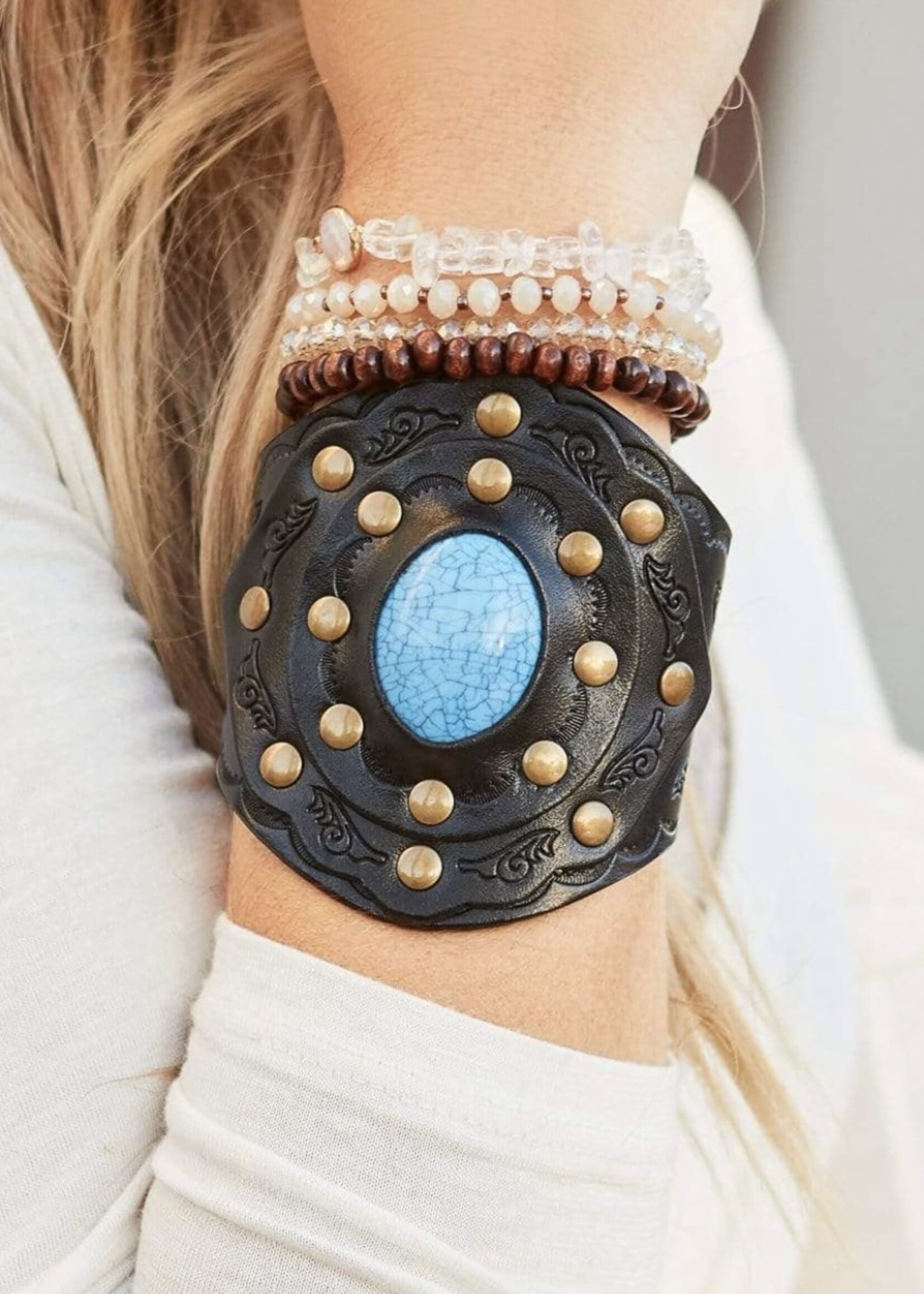 Aegean Boho Black Leather Cuff Bracelet