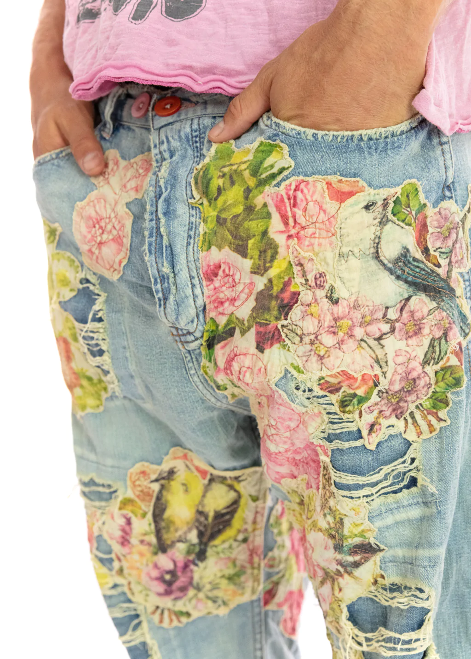 Magnolia Pearl Floral Applique Miner Denims Pants 371 Washed Indigo One Size