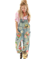 Magnolia Pearl Floral Applique Overalls Washed Indigo 040