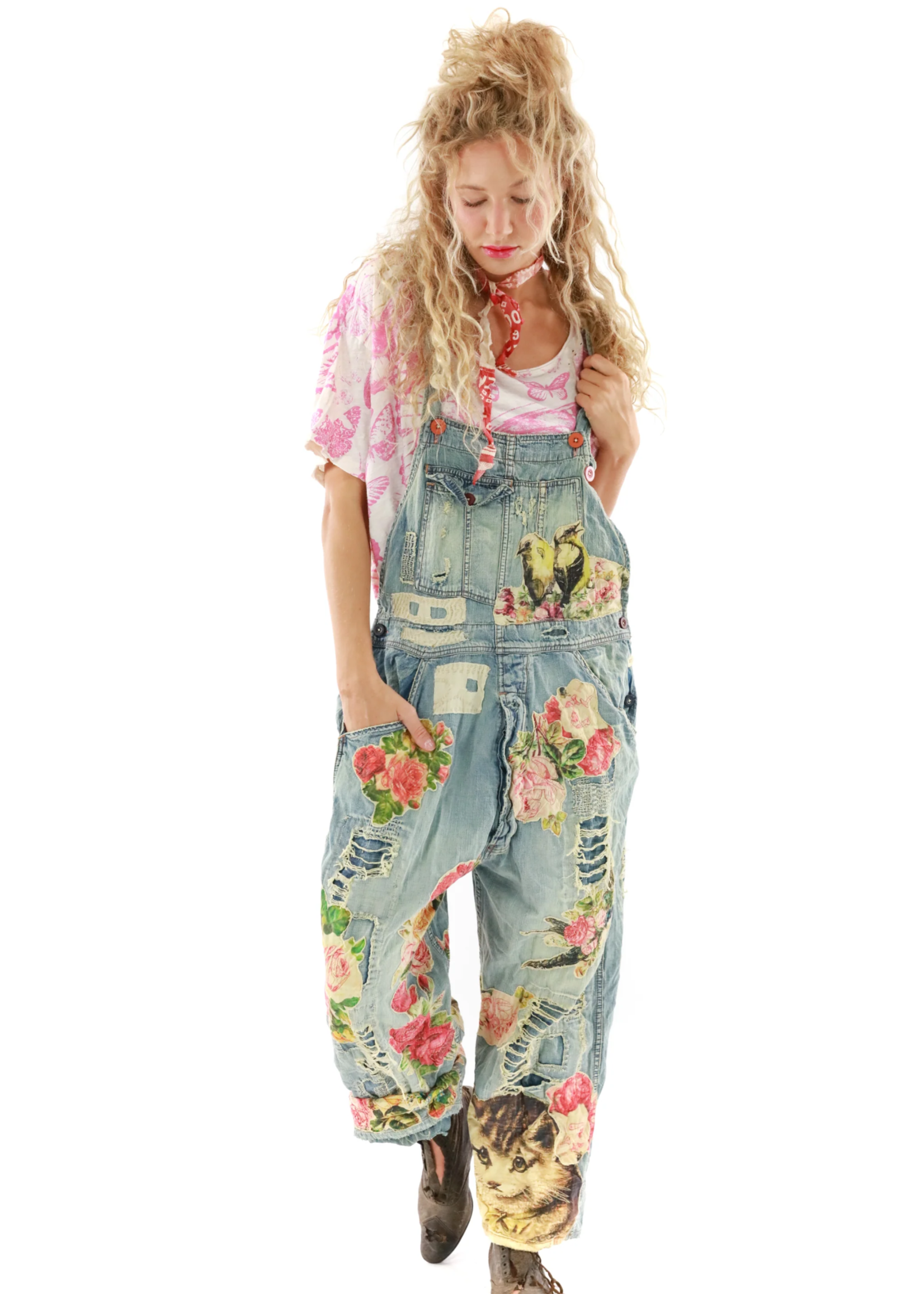 Magnolia Pearl Floral Applique Overalls Washed Indigo 040