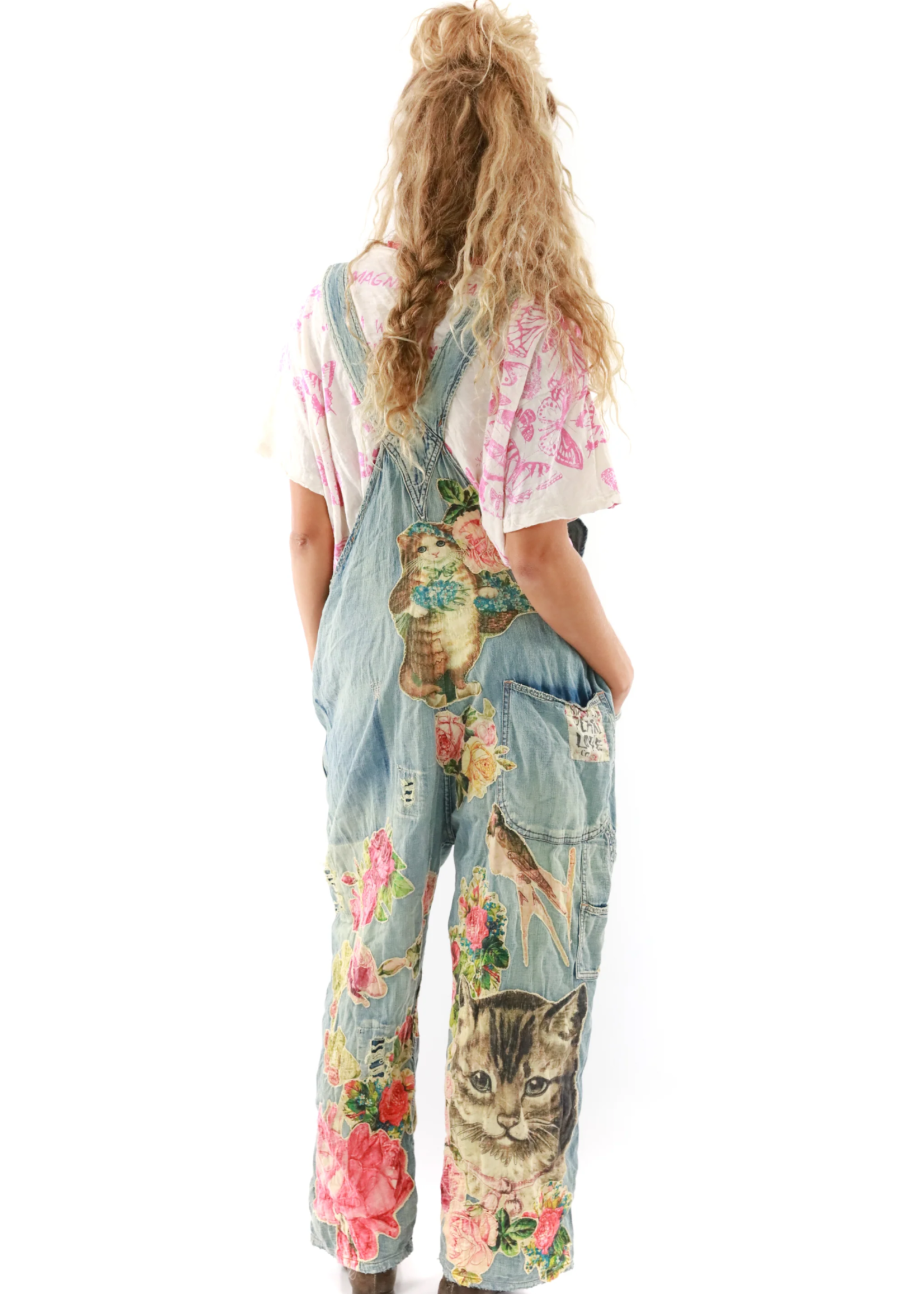 Magnolia Pearl Floral Applique Overalls Washed Indigo 040