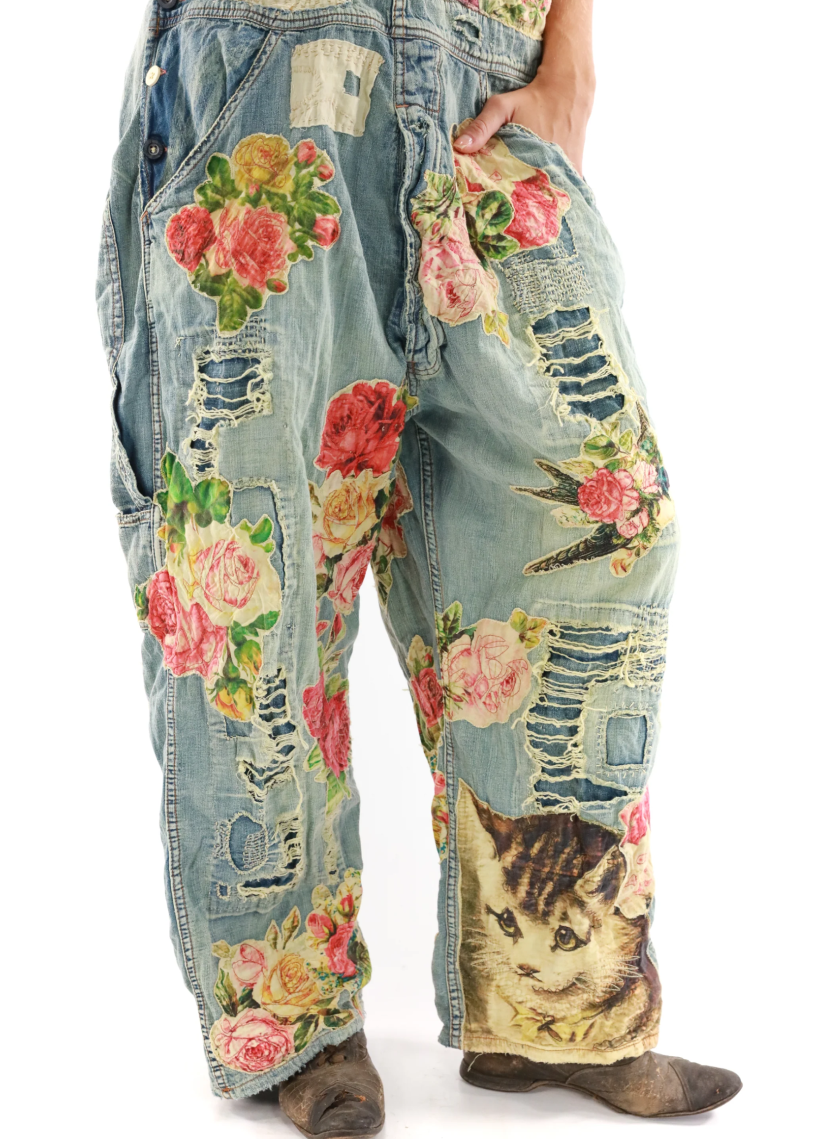 Magnolia Pearl Floral Applique Overalls Washed Indigo 040