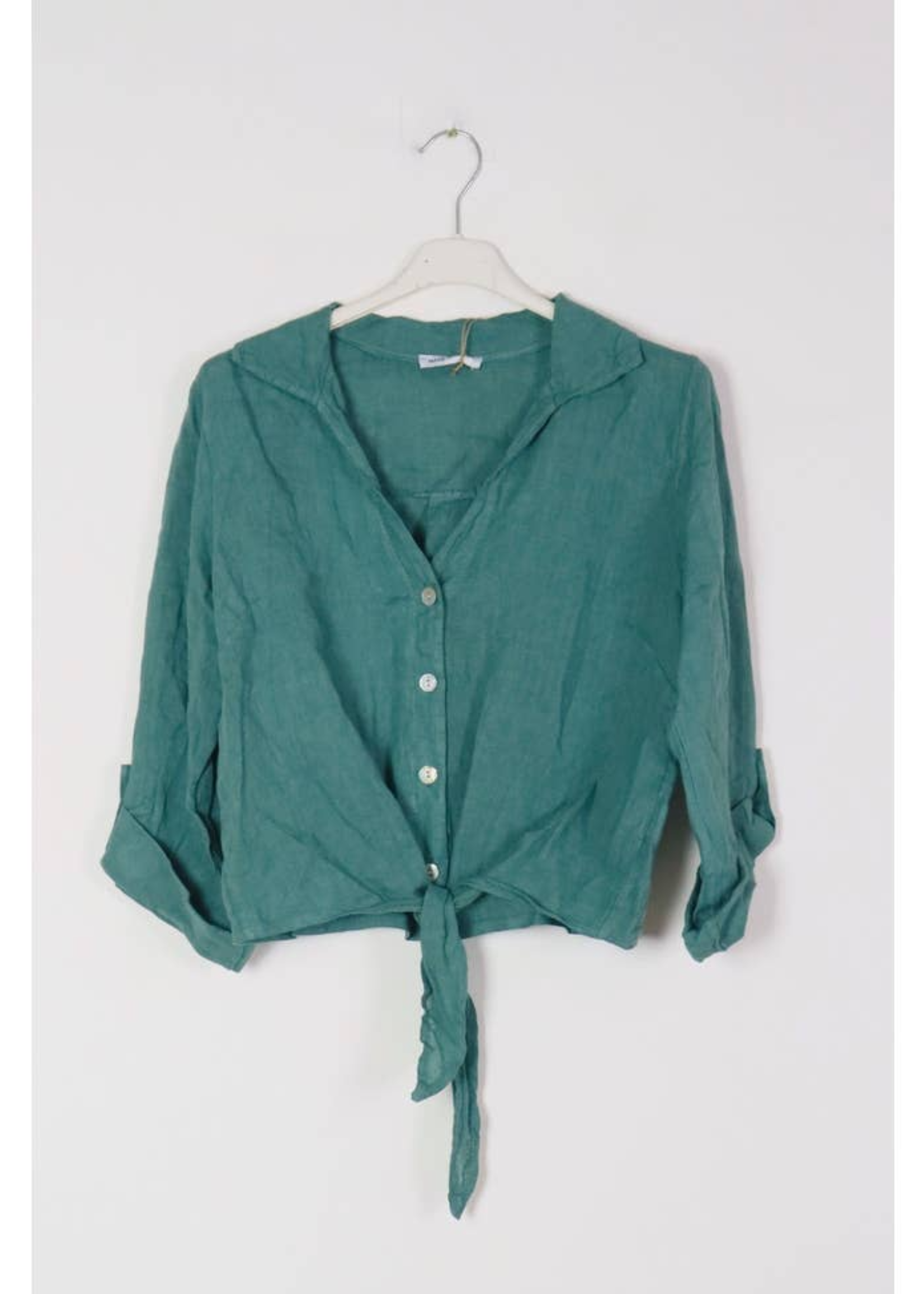 LOU+LOU Tie Front Linen Shirt Duck Green One Size