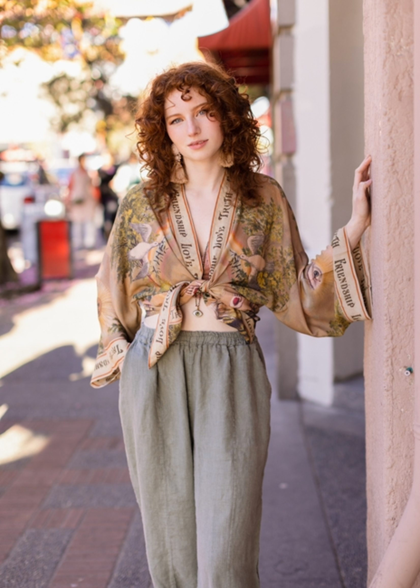 Market of Stars Friendship Love and Truth Cropped Bamboo Kimono Vintage Wash