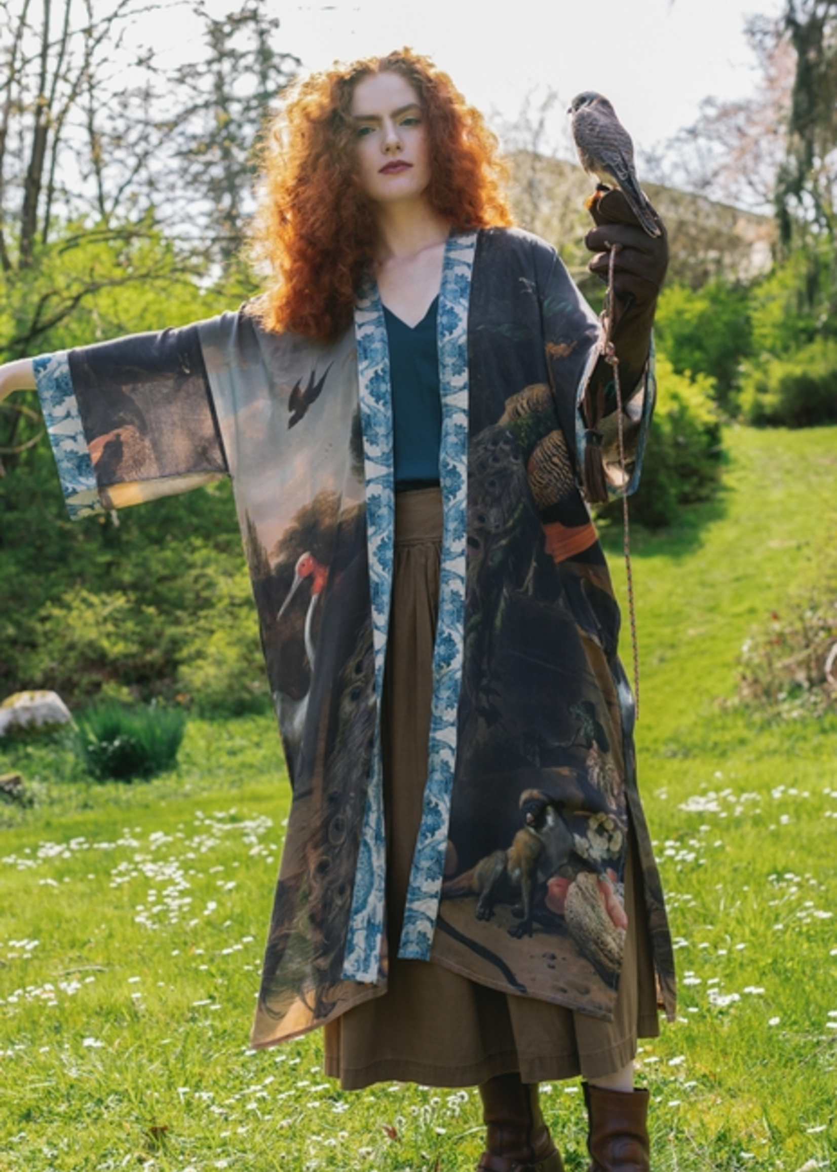 Market of Stars Wild Beauty Bamboo Kimono Duster Robe with Peacock Print