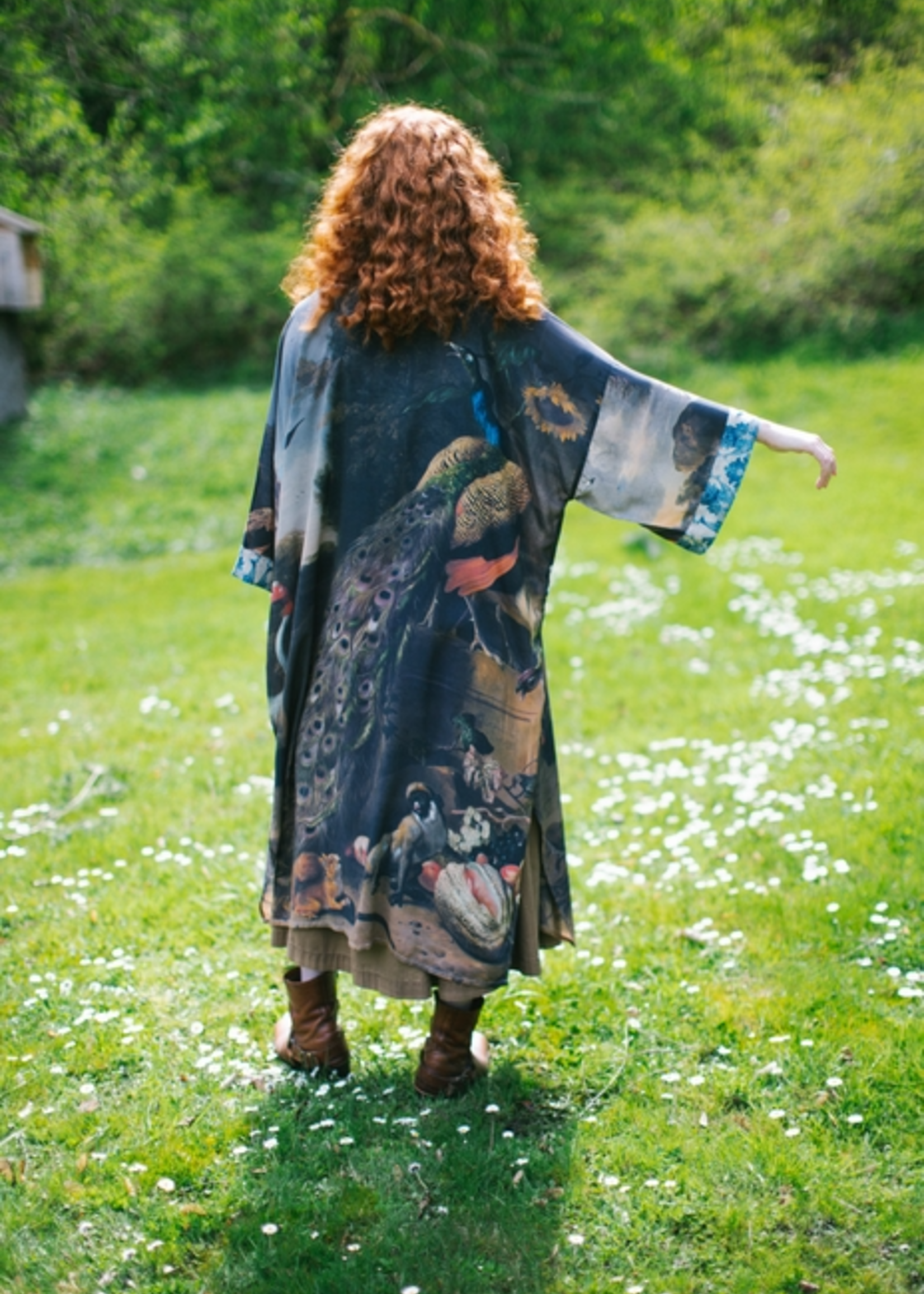 Market of Stars Wild Beauty Bamboo Kimono Duster Robe with Peacock Print