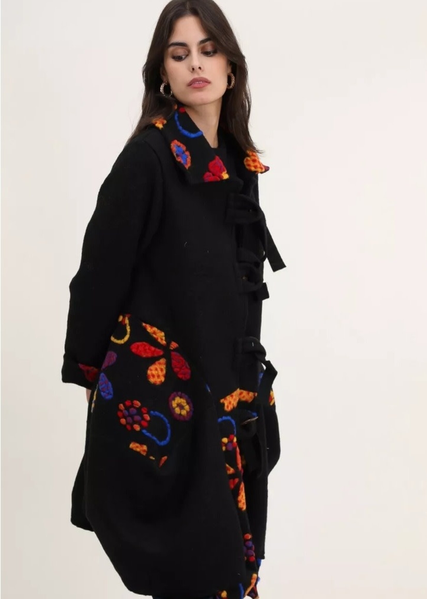 Blue Wool Coat Jacket  w/flowers - One Size