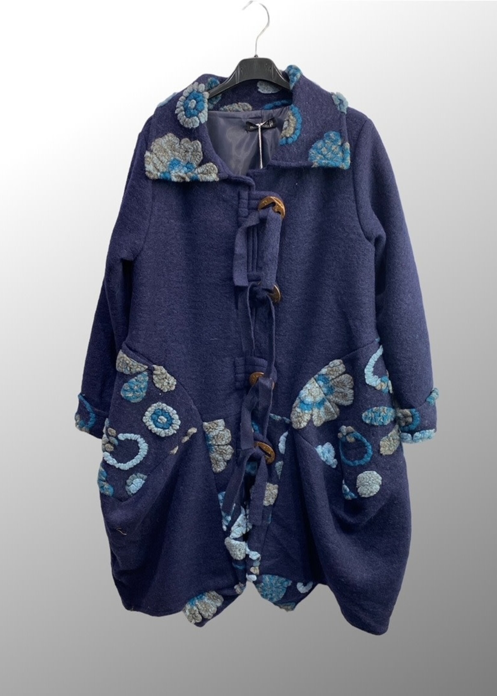 Blue Wool Coat Jacket  w/flowers - One Size