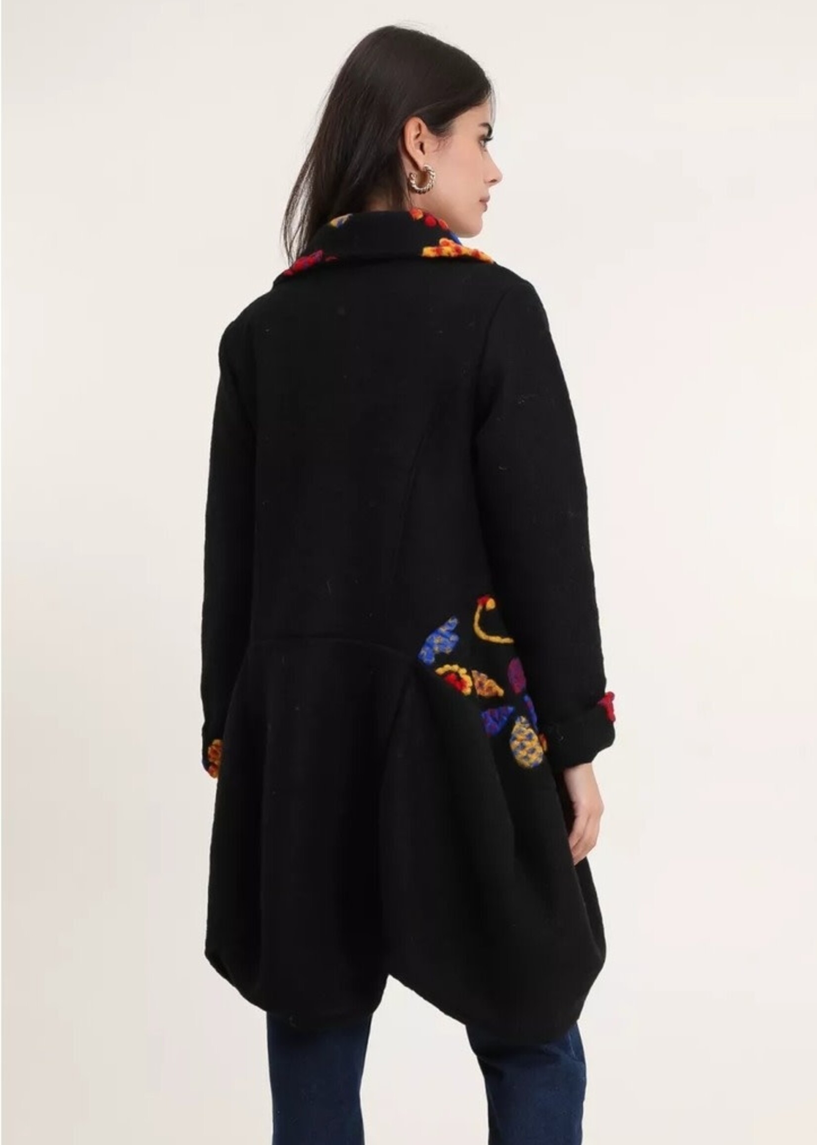 Blue Wool Coat Jacket  w/flowers - One Size