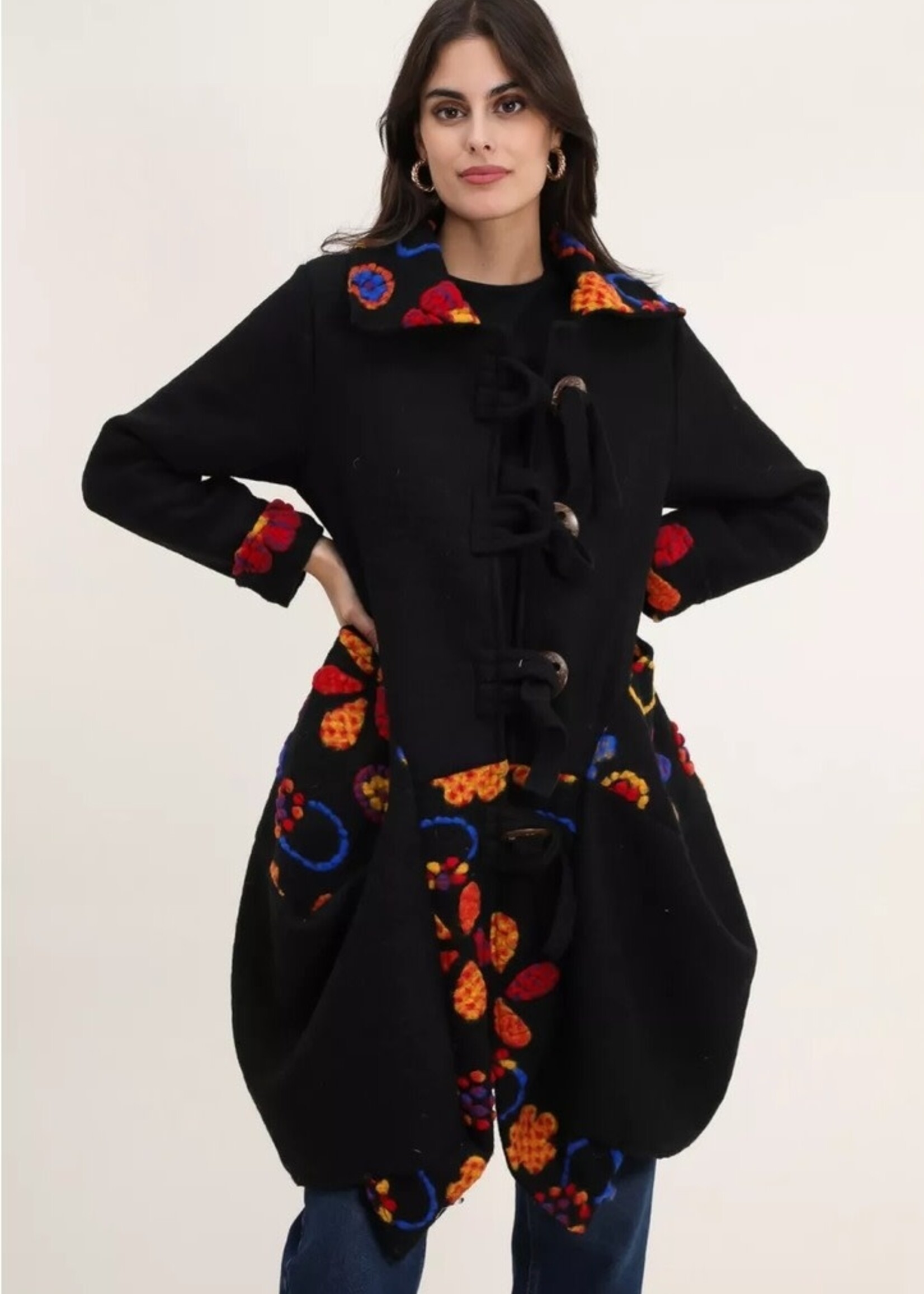 Blue Wool Coat Jacket  w/flowers - One Size