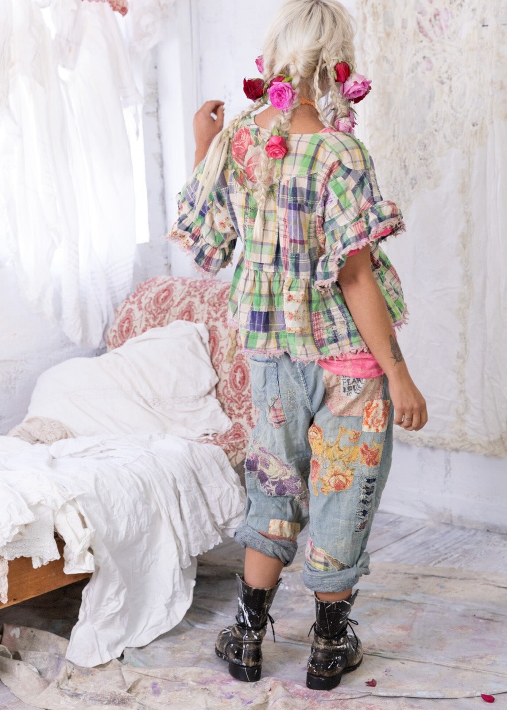 Magnolia Pearl Dear Liza Eyelet Blouse Madras Green  Top 1521