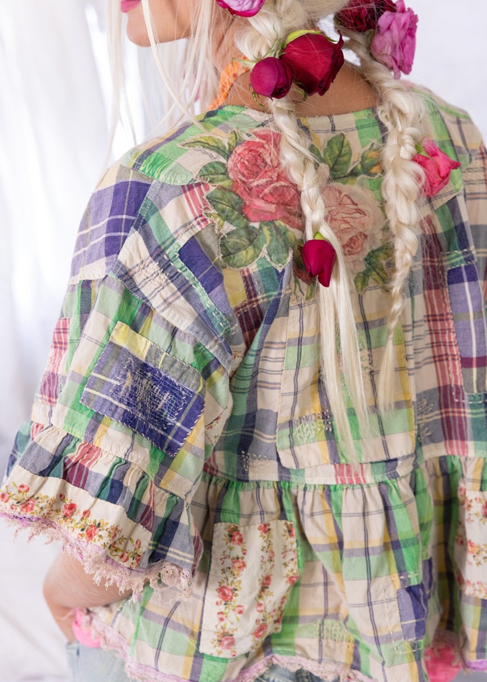 Magnolia Pearl Dear Liza Eyelet Blouse Madras Green  Top 1521