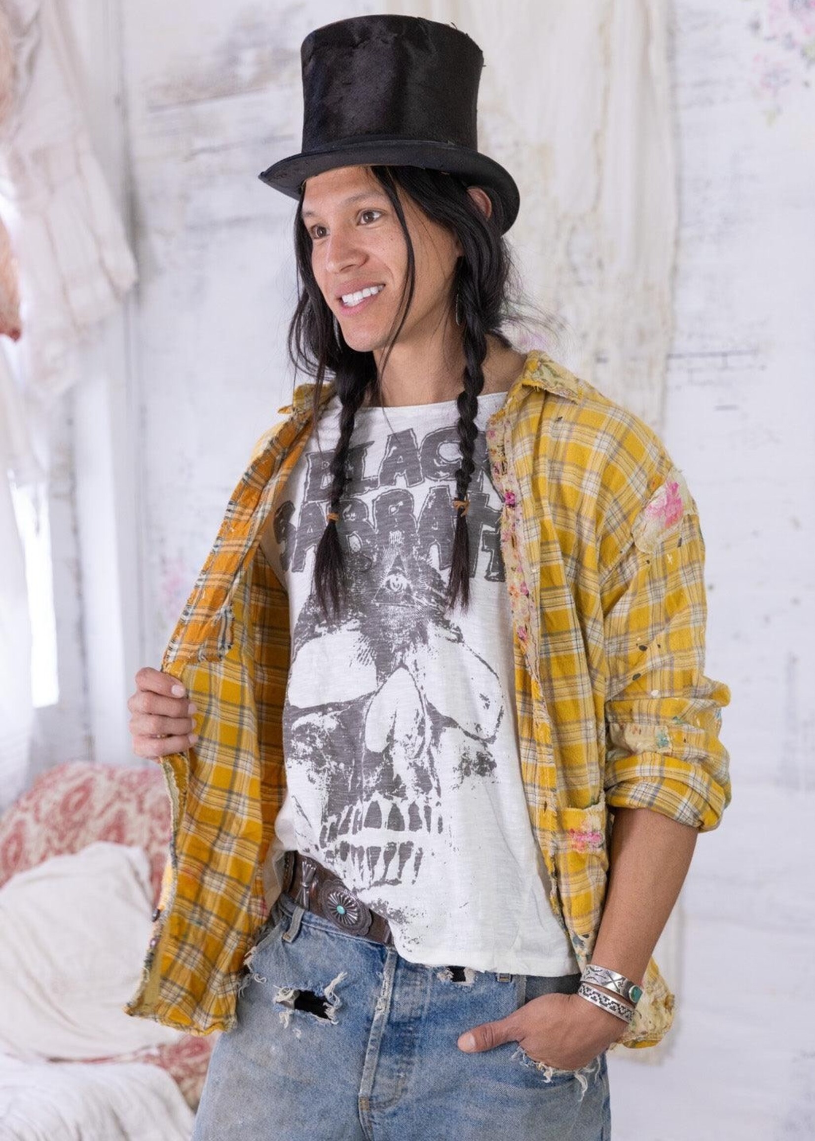 Magnolia Pearl Boyfriend Workshirt Sunshine Plaid Top 1563