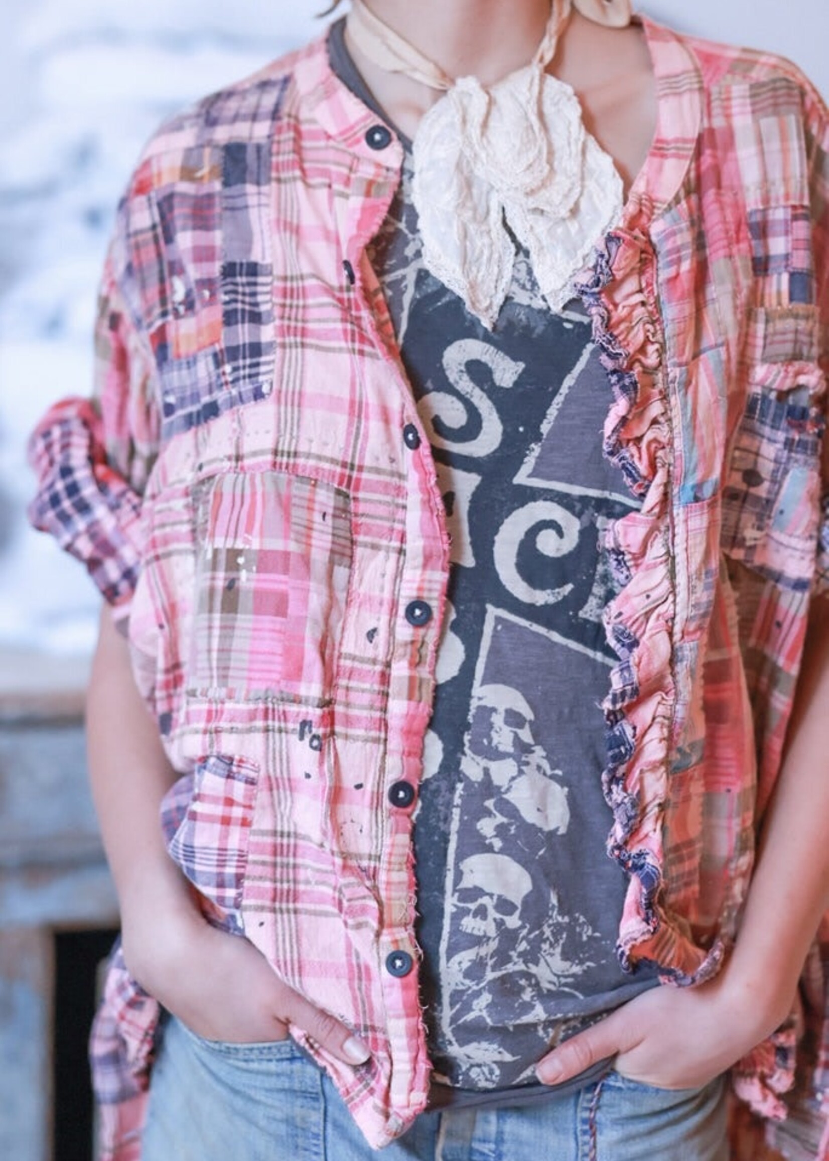 Magnolia Pearl Patchwork Idgy Ruffle Shirt Top 1511 Madras Azalea