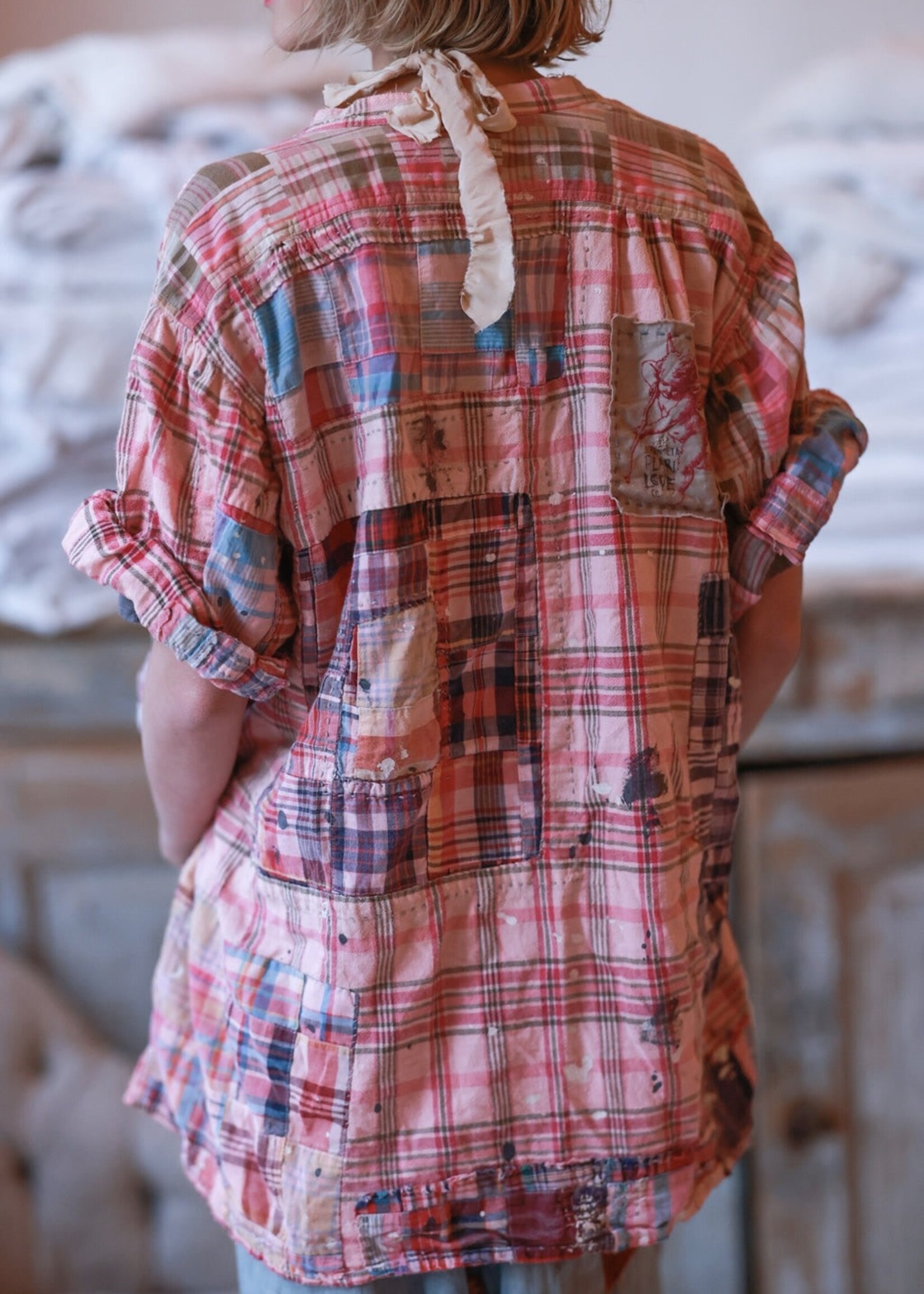 Magnolia Pearl Patchwork Idgy Ruffle Shirt Top 1511 Madras Azalea