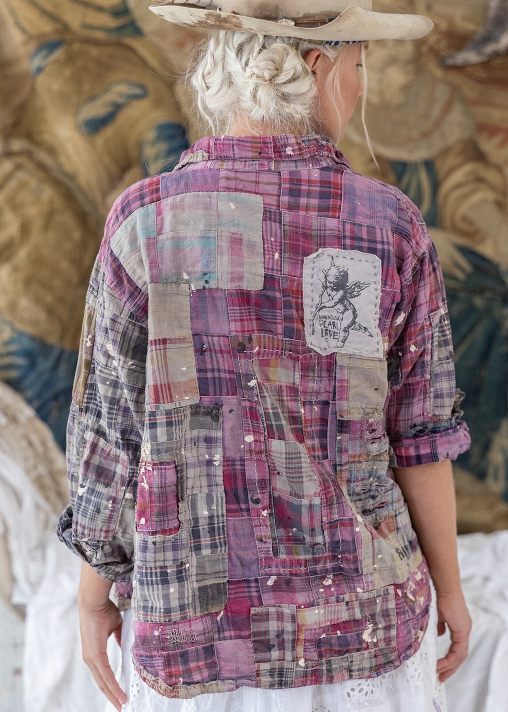 Magnolia Pearl Patchwork Kelly Western Shirt Top 1508 Madras Pink