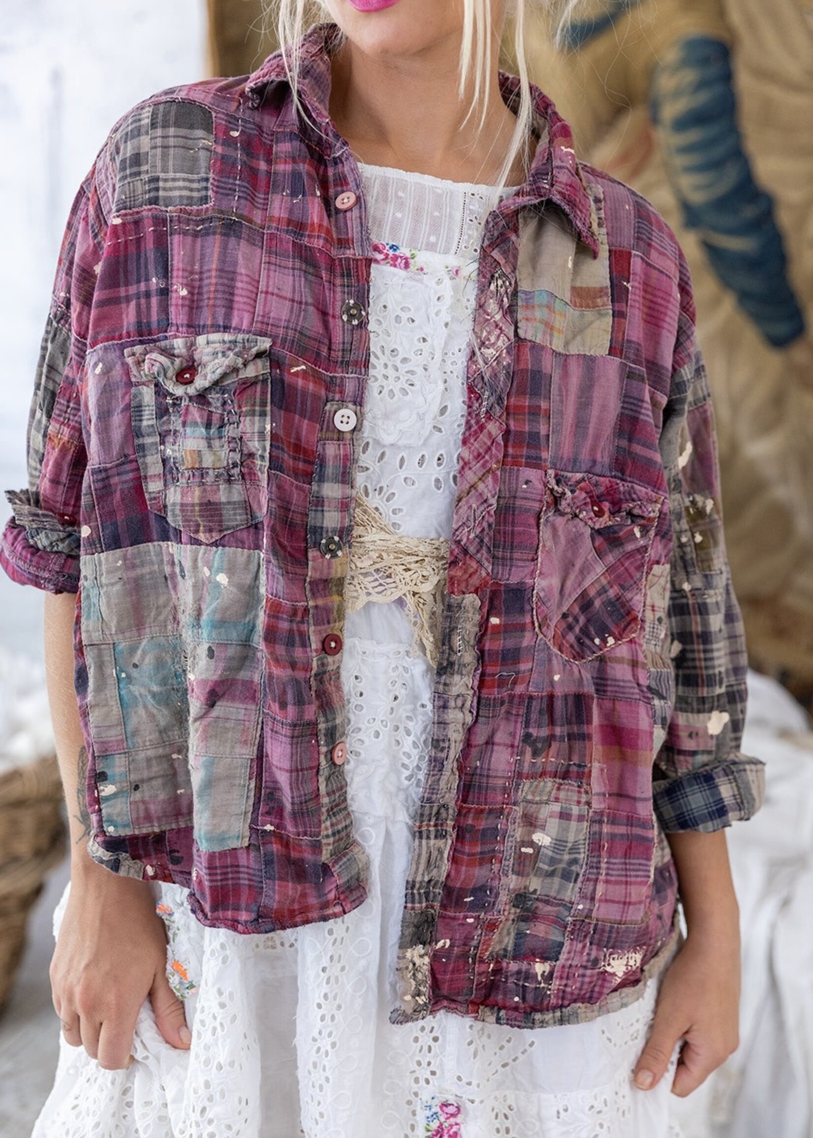 Magnolia Pearl Patchwork Kelly Western Shirt Top 1508 Madras Pink